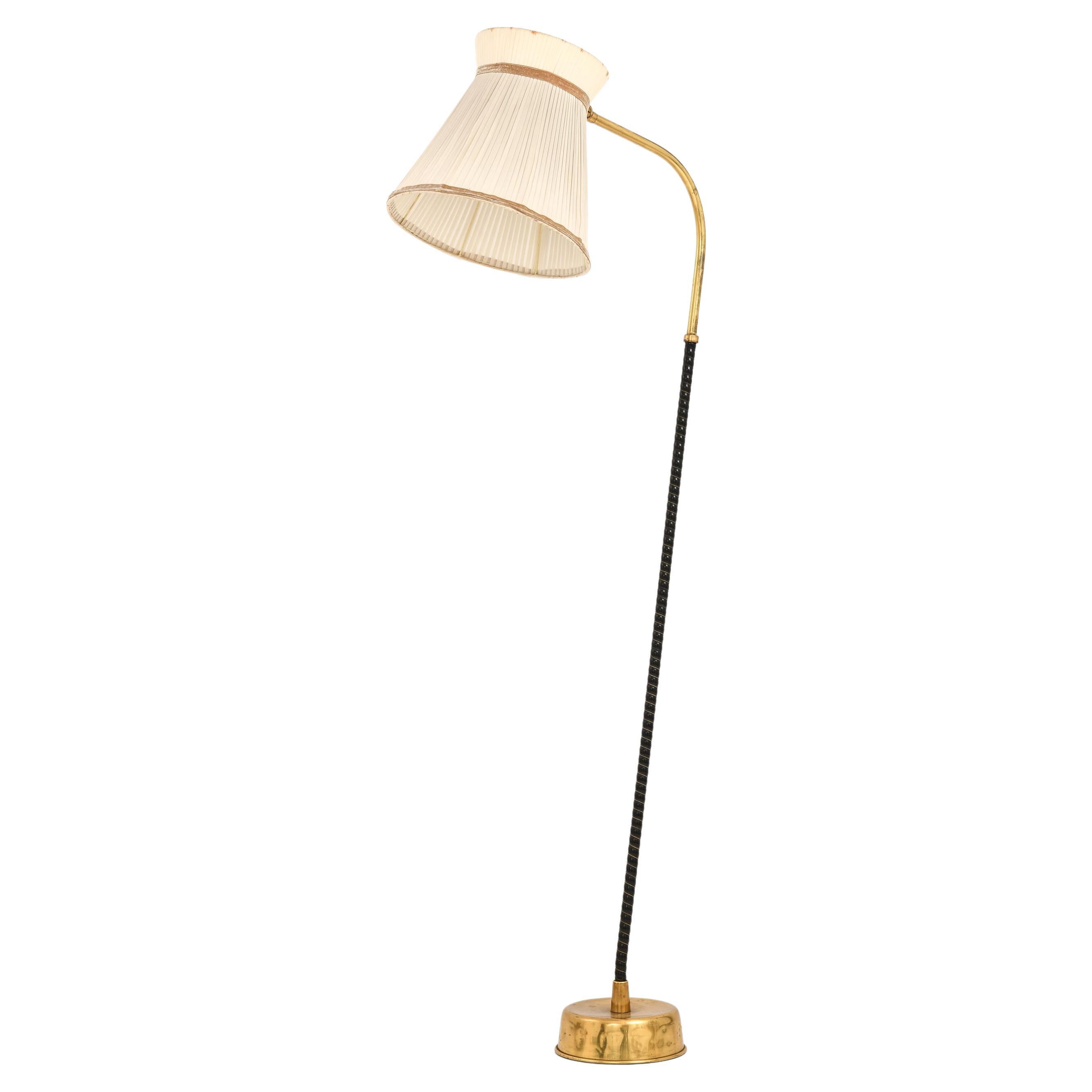 Floor Lamp in Brass, Leather and Linen Shade by Lisa Johansson-Pape, 1940’s For Sale