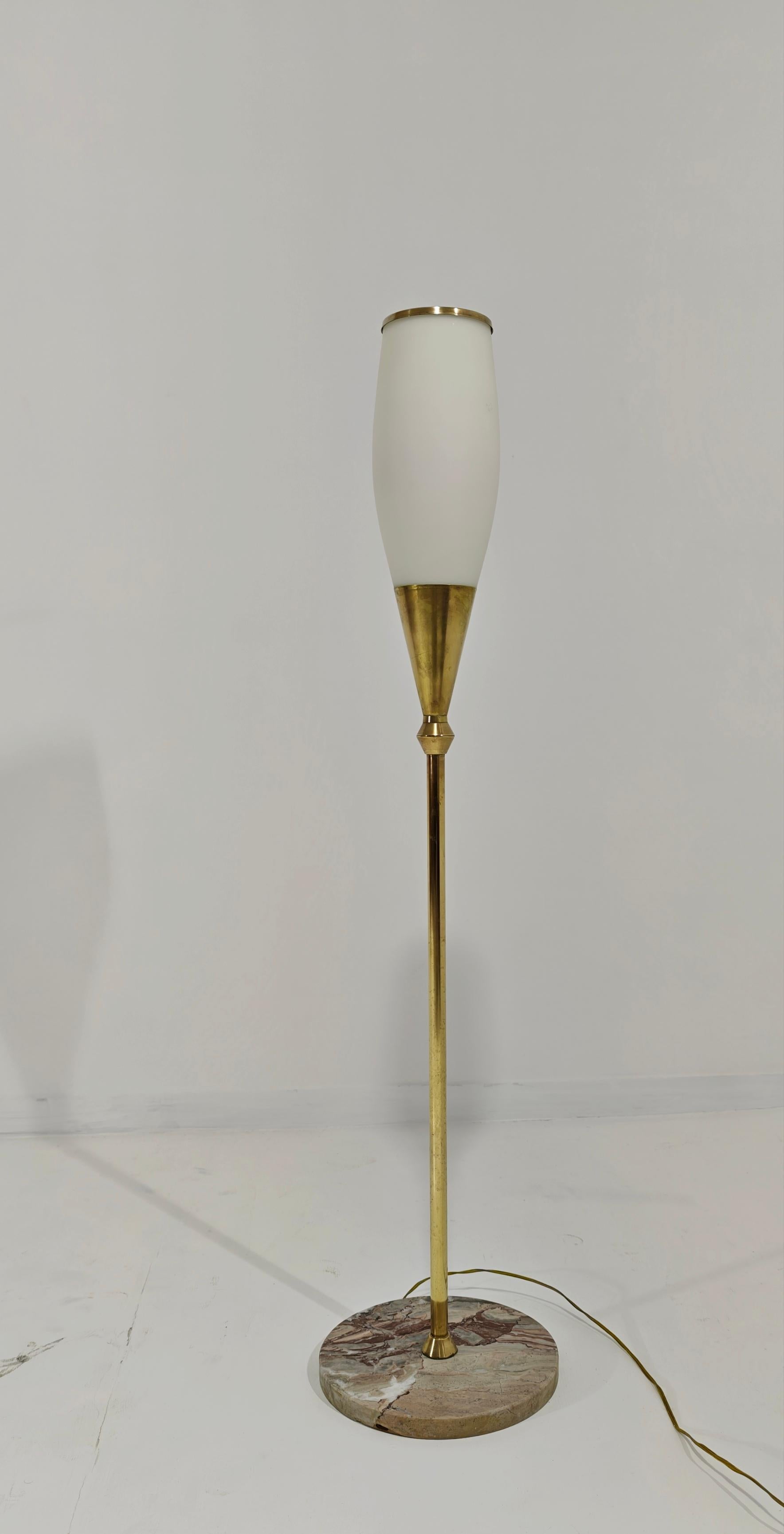 Early 17th Century Floor Lamp in Brass Marble and Opal Glass Mid-Century Design Italy 1960s For Sale