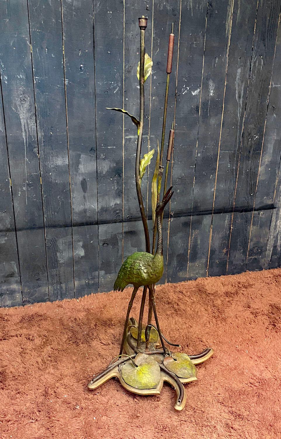 Floor lamp in bronze and painted metal decorated with a wader, circa 1900/1930 In Good Condition For Sale In Saint-Ouen, FR
