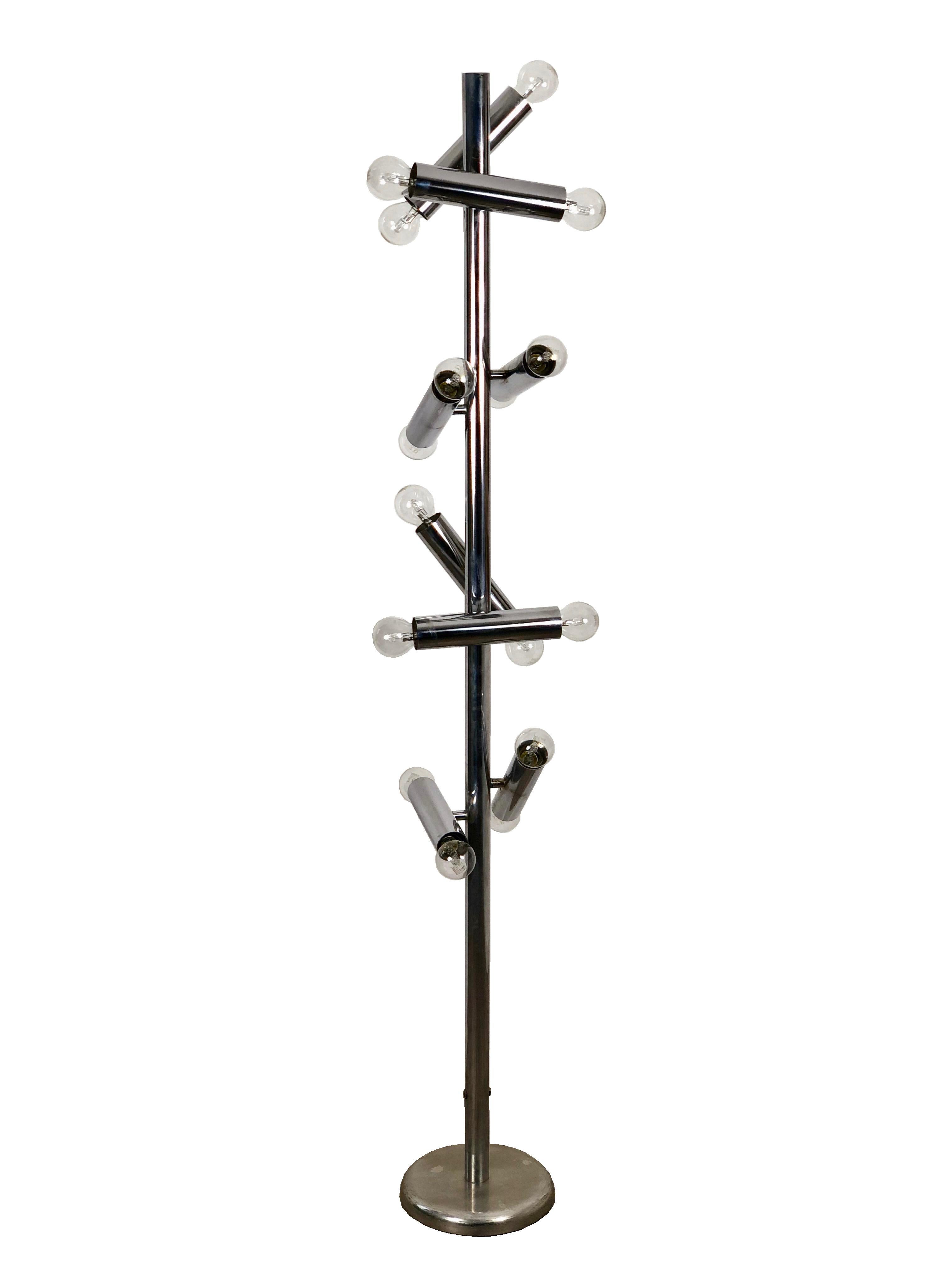 Stilux floor Lamp in chrome. 16 lights. Milano, Italy, 1960s. 

This is a really lovely piece. The lamp dates from the early 1960s. The light has eight individual movable branches. These do not full rotate and have a stopping mechanism (so the