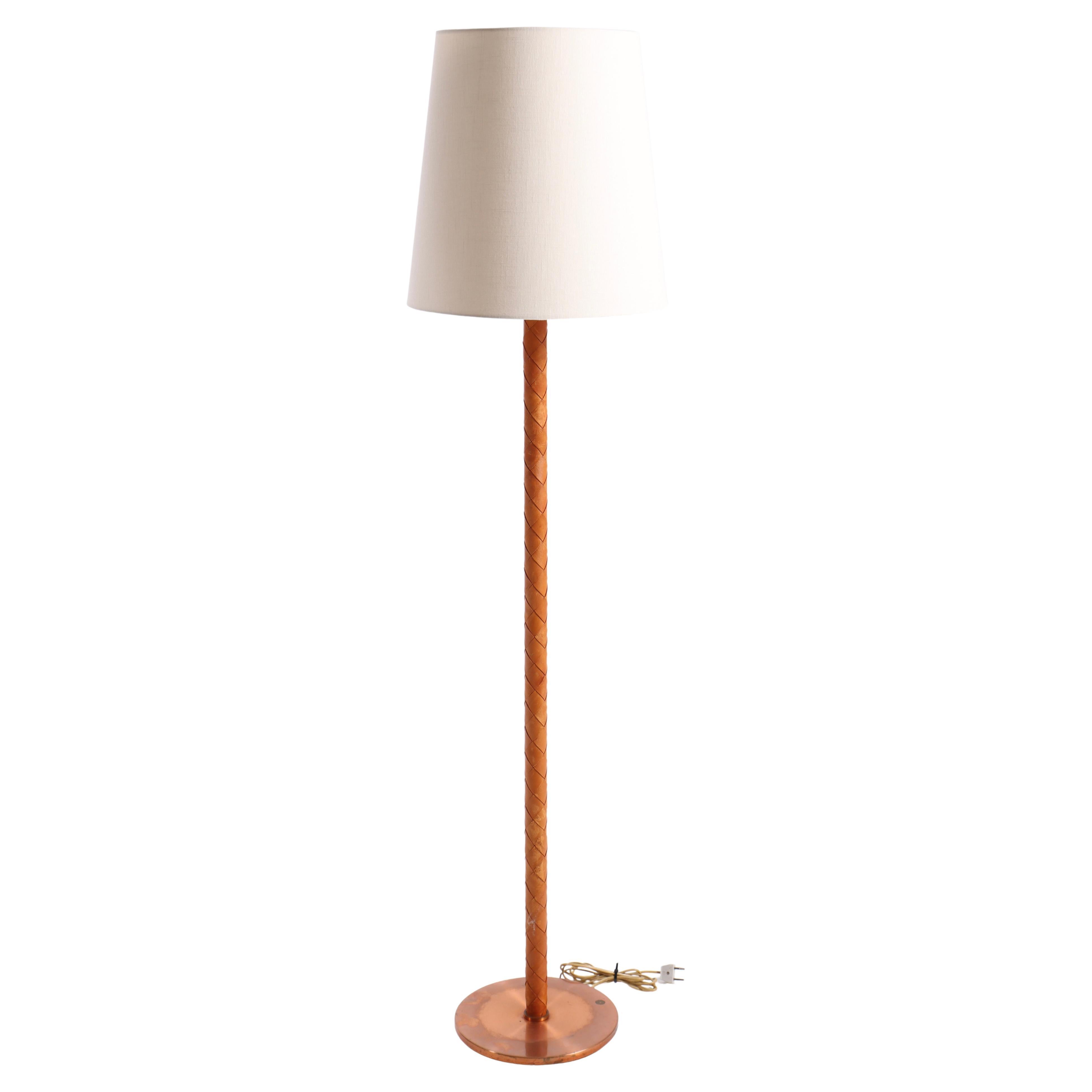 Floor Lamp in Copper and Leather Designed by Jo Hammerborg, 1950s For Sale