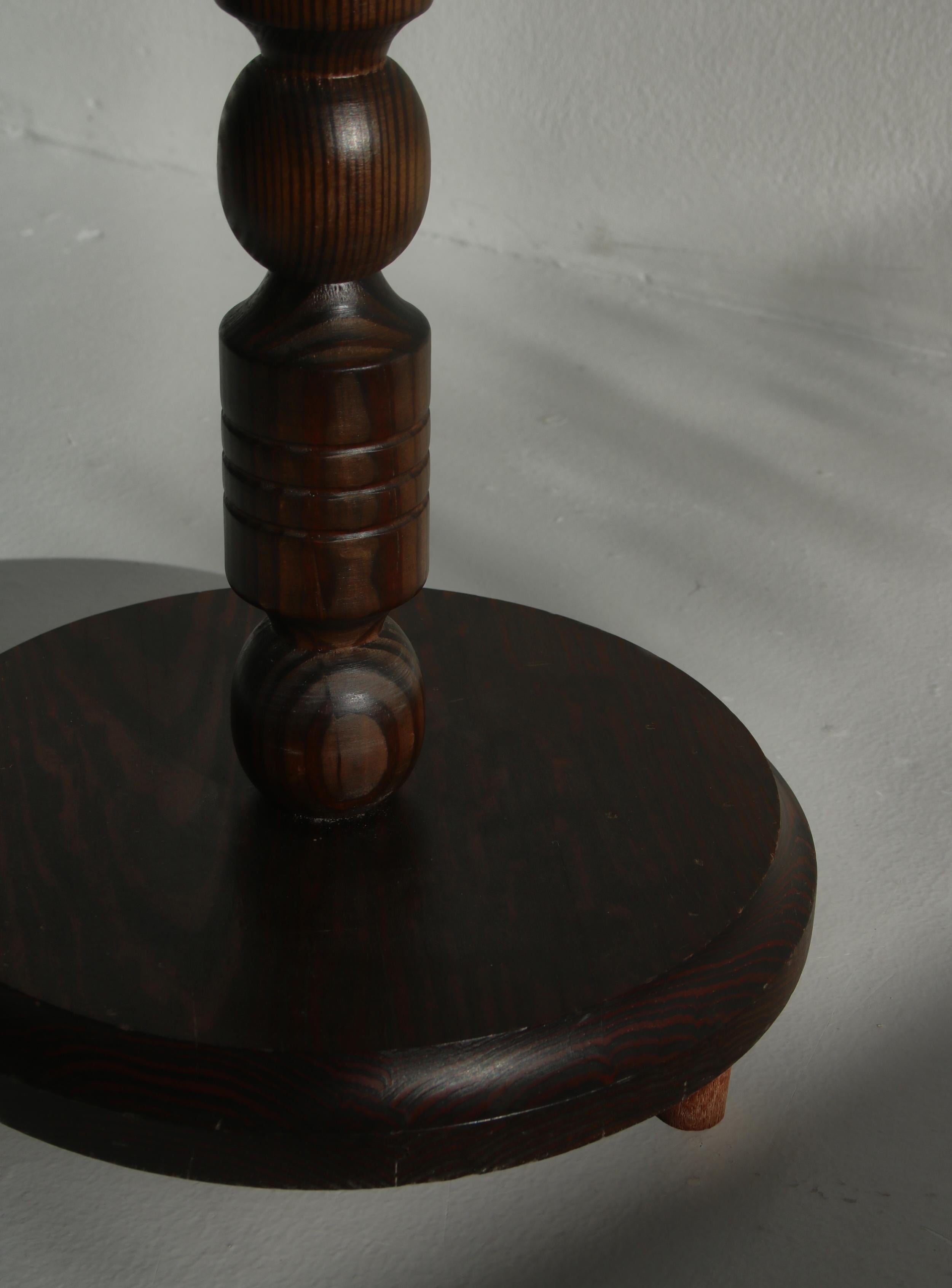 Floor Lamp in Dark Stained Pine w/ Green Silk Fringed Shade Denmark, 1930s 1