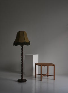 Floor Lamp in Dark Stained Pine w/ Green Silk Fringed Shade Denmark, 1930s