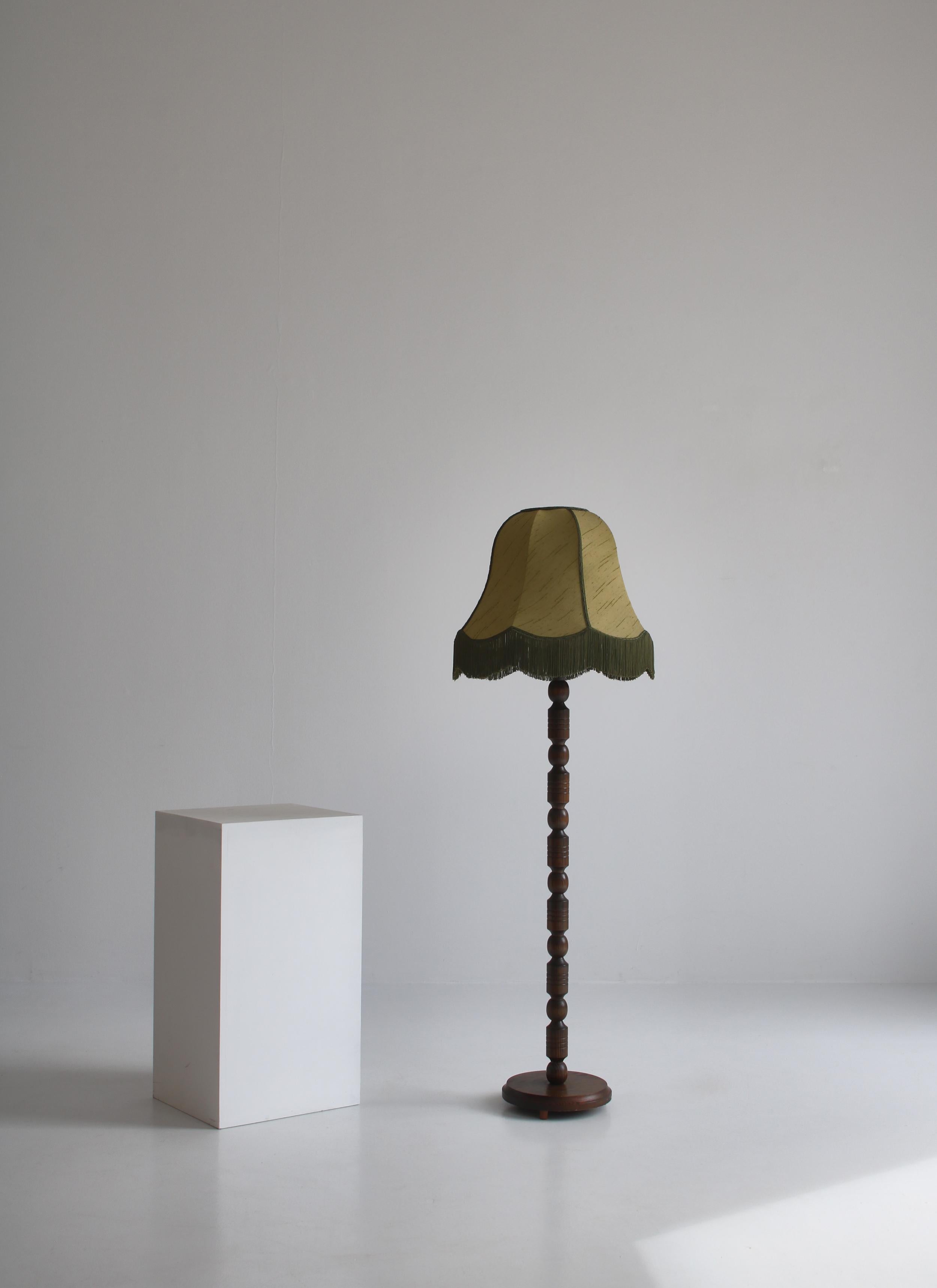Floor Lamp in Dark Stained Pine w/ Green Silk Fringed Shade Denmark, 1930s For Sale 6