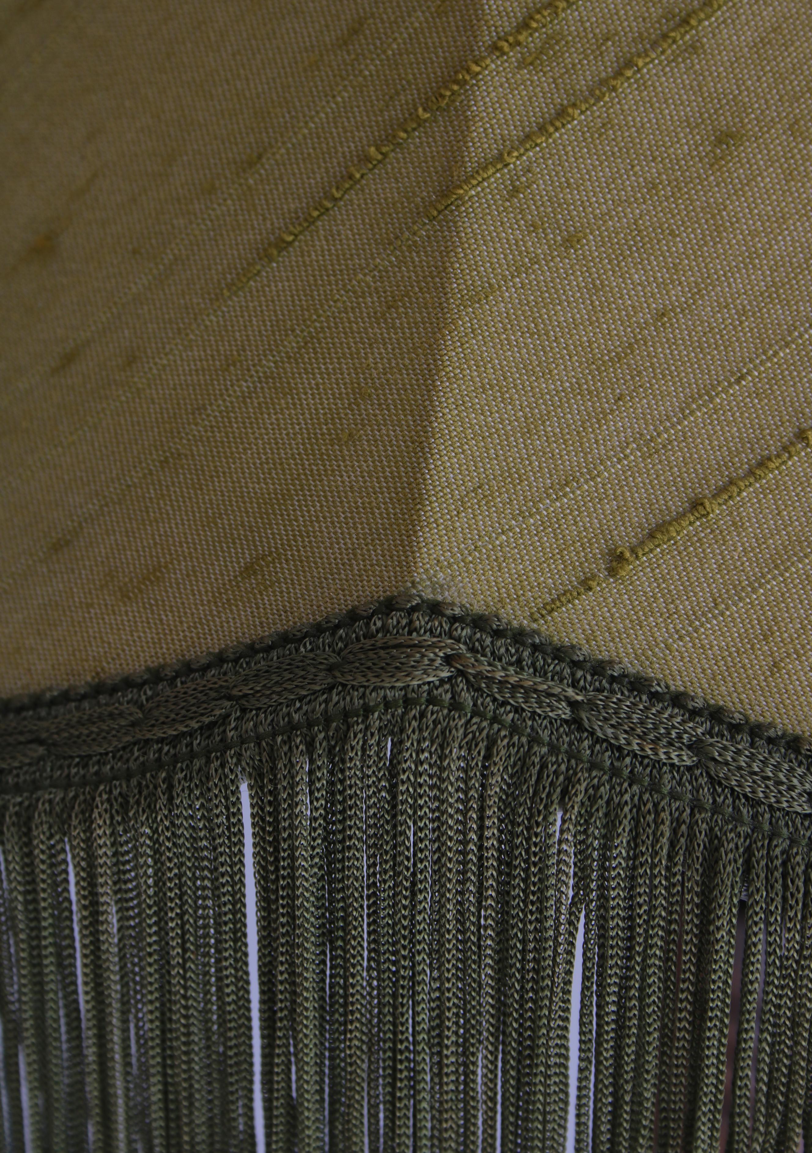 Floor Lamp in Dark Stained Pine w/ Green Silk Fringed Shade Denmark, 1930s In Good Condition In Odense, DK