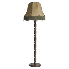 Floor Lamp in Dark Stained Pine w/ Green Silk Fringed Shade Denmark, 1930s