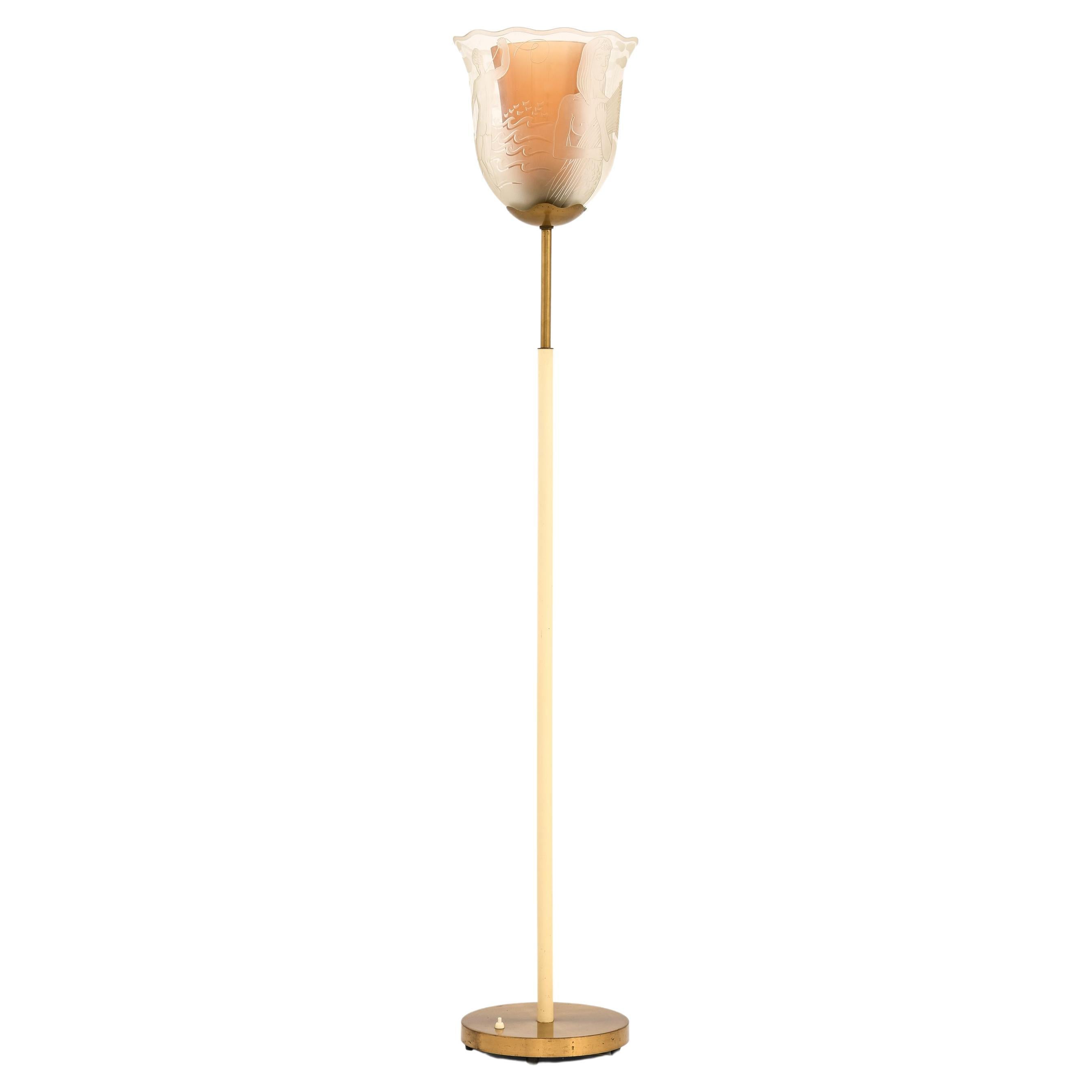 Floor Lamp in Double Glass Shades and Brass by Bo Notini, 1940’s For Sale