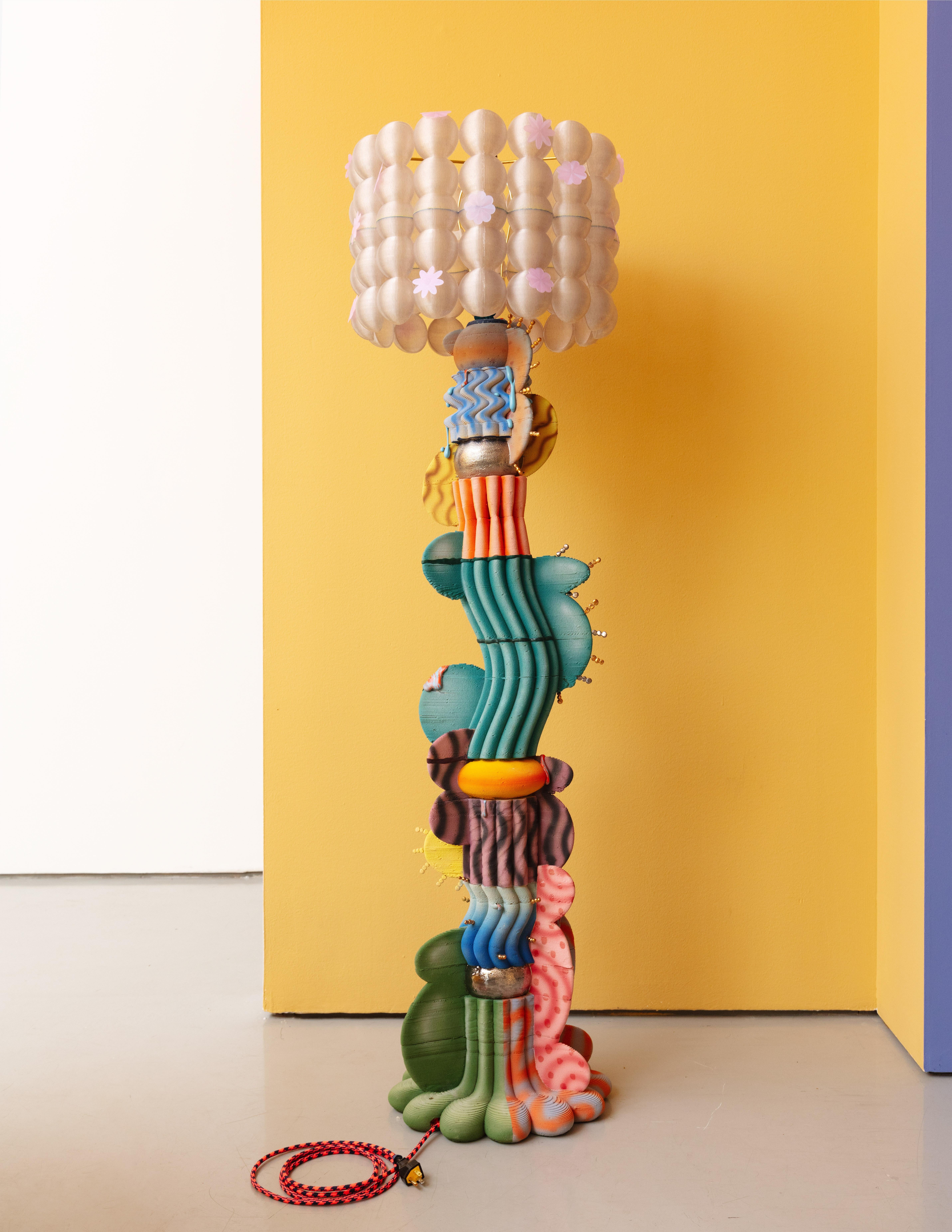 Jolie Ngo. Floor Lamp in Fasciation. 2024. Stoneware, glaze, epoxy, wire, luster, PLA plastic, and brass.