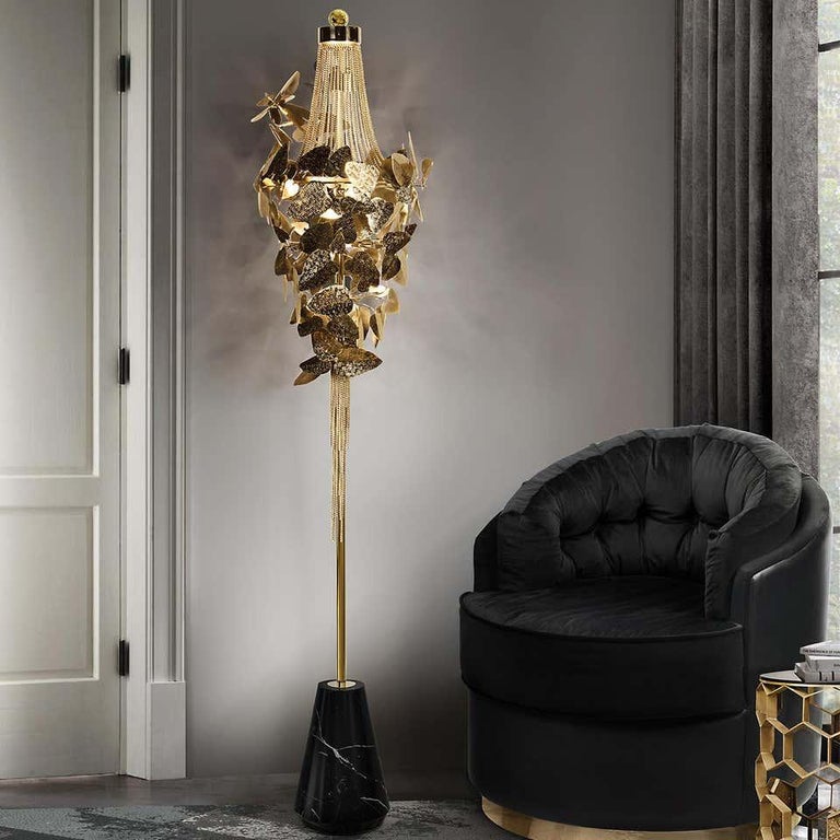 Floor Lamp in GoldPlated Brass, Marble and Swarovski Crystals For Sale