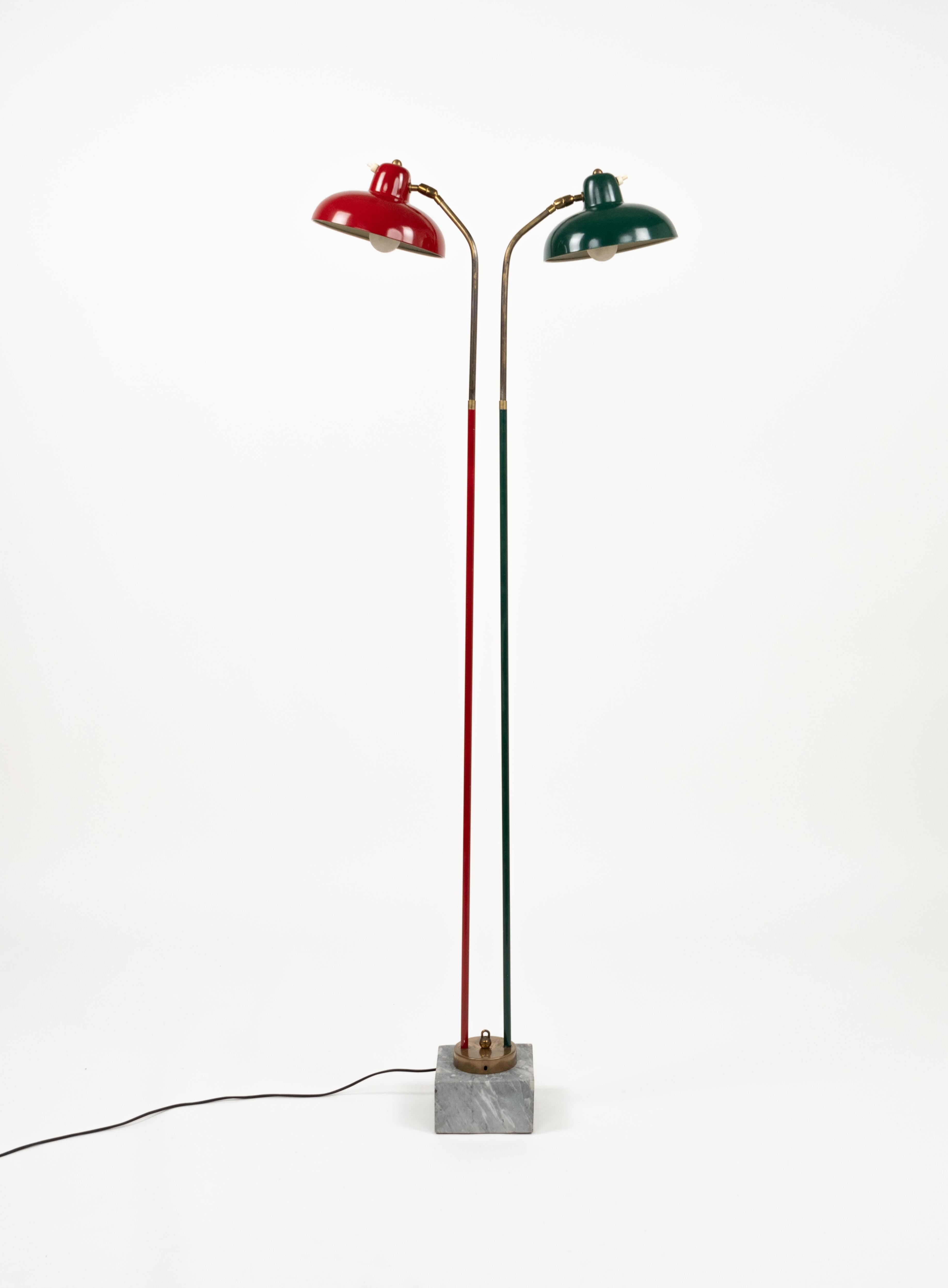 Midcentury amazing adjustable two arm floor lamp in lacquered metal ( green and red), brass and marble in the style of Stilnovo.

Made in Italy in the 1950s.