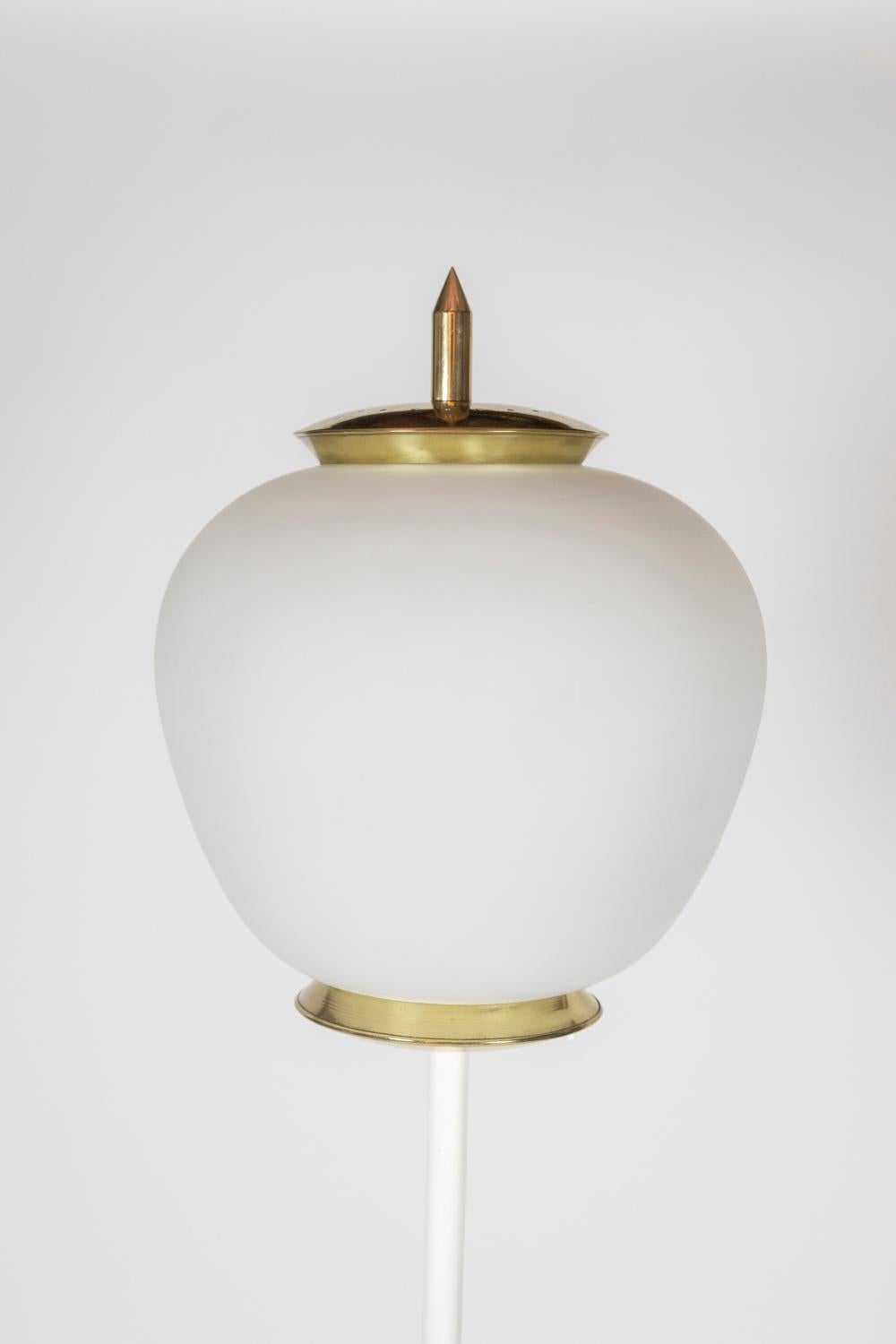 Metal Floor lamp in opaline, lacquered metal and golden brass. 1950s. For Sale