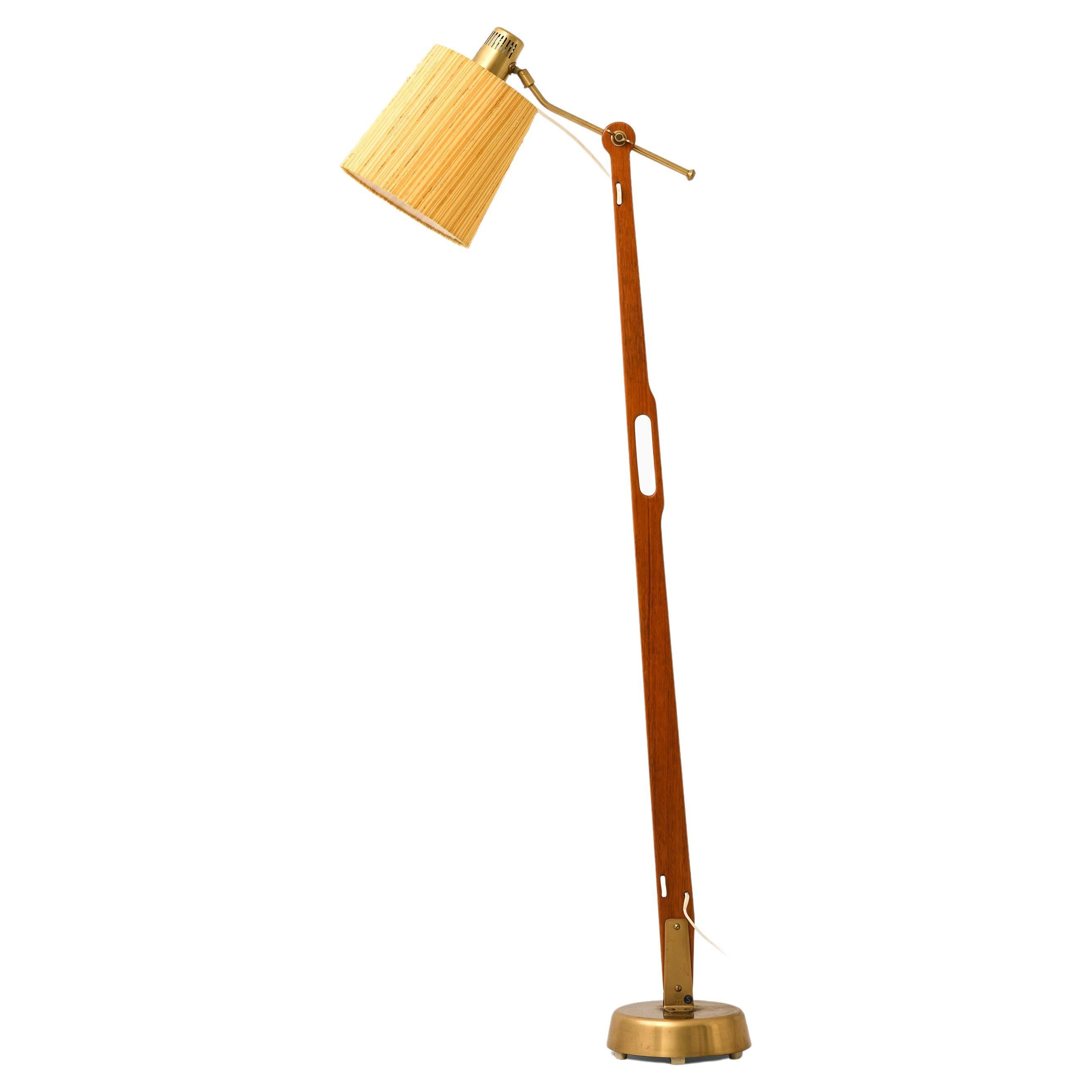 Lampadaire en teck, laiton et abat-jour original par Hans Bergström, années 1950 en vente