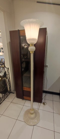 Floor Lamp in White Murano Glass with Gold Glitter Inserts