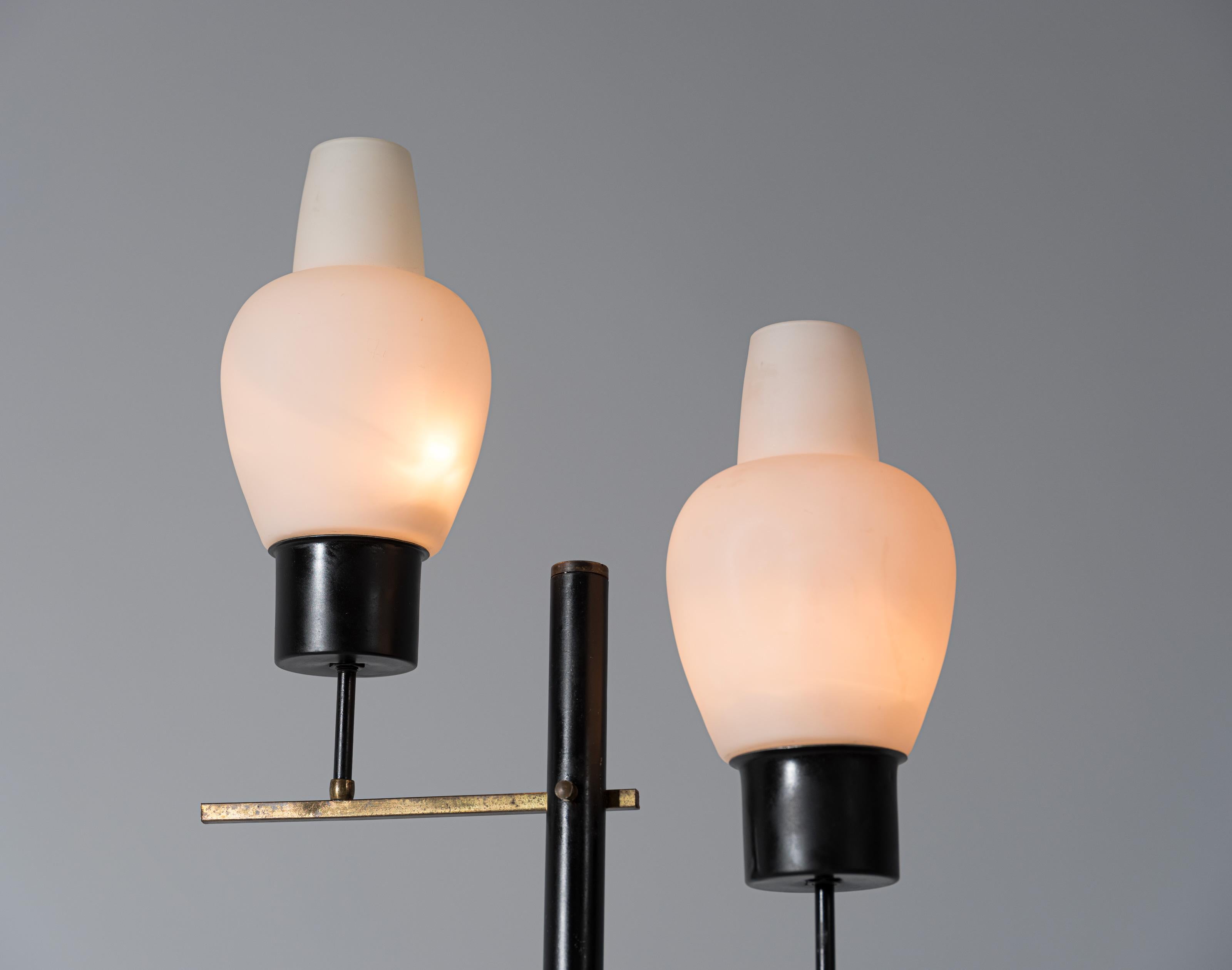 Mid-Century Modern Floor Lamp, Italian Designer, Black Steel, Opaline Glasses, Brass , 1950s For Sale