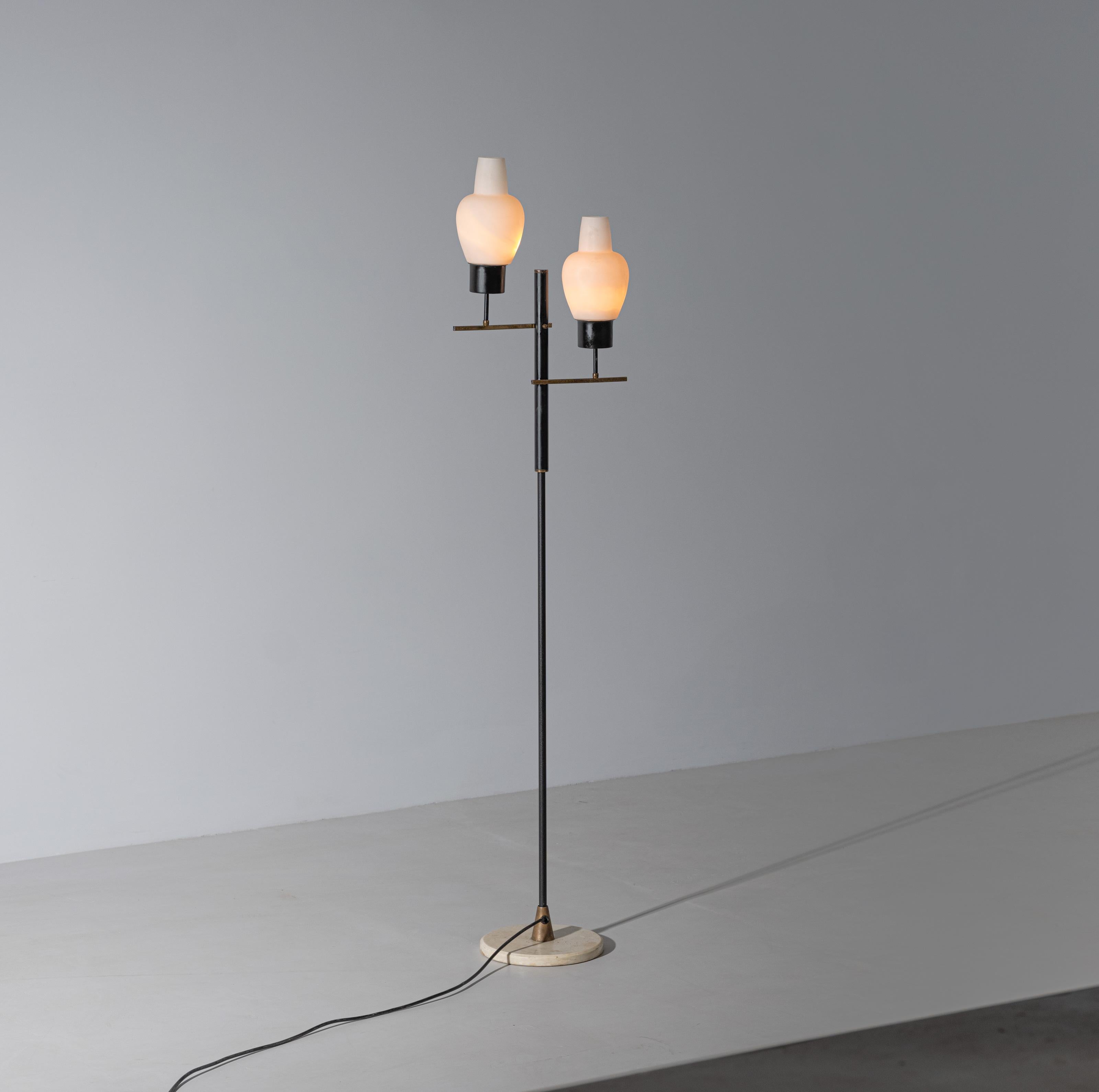 Mid-20th Century Floor Lamp, Italian Designer, Black Steel, Opaline Glasses, Brass , 1950s For Sale