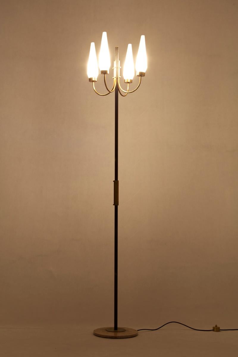 Mid-Century Modern Italian Floor Lamp with Opaline Glass Shades and Brass Fittings, 1950s For Sale