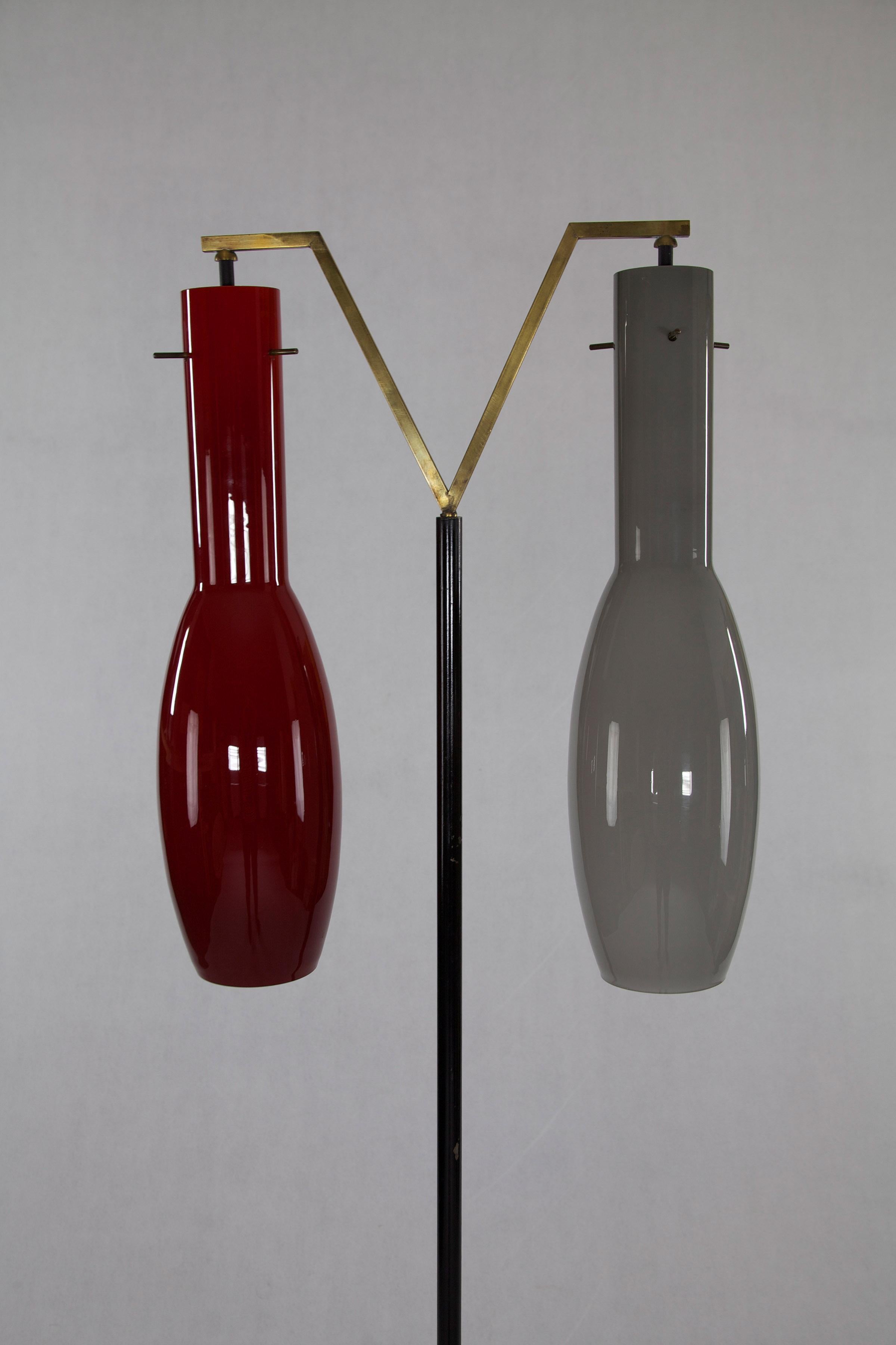 Brass Italian Two-Tone Glass Shades Floor Lamp with Lacquered Iron Bar, 1950s