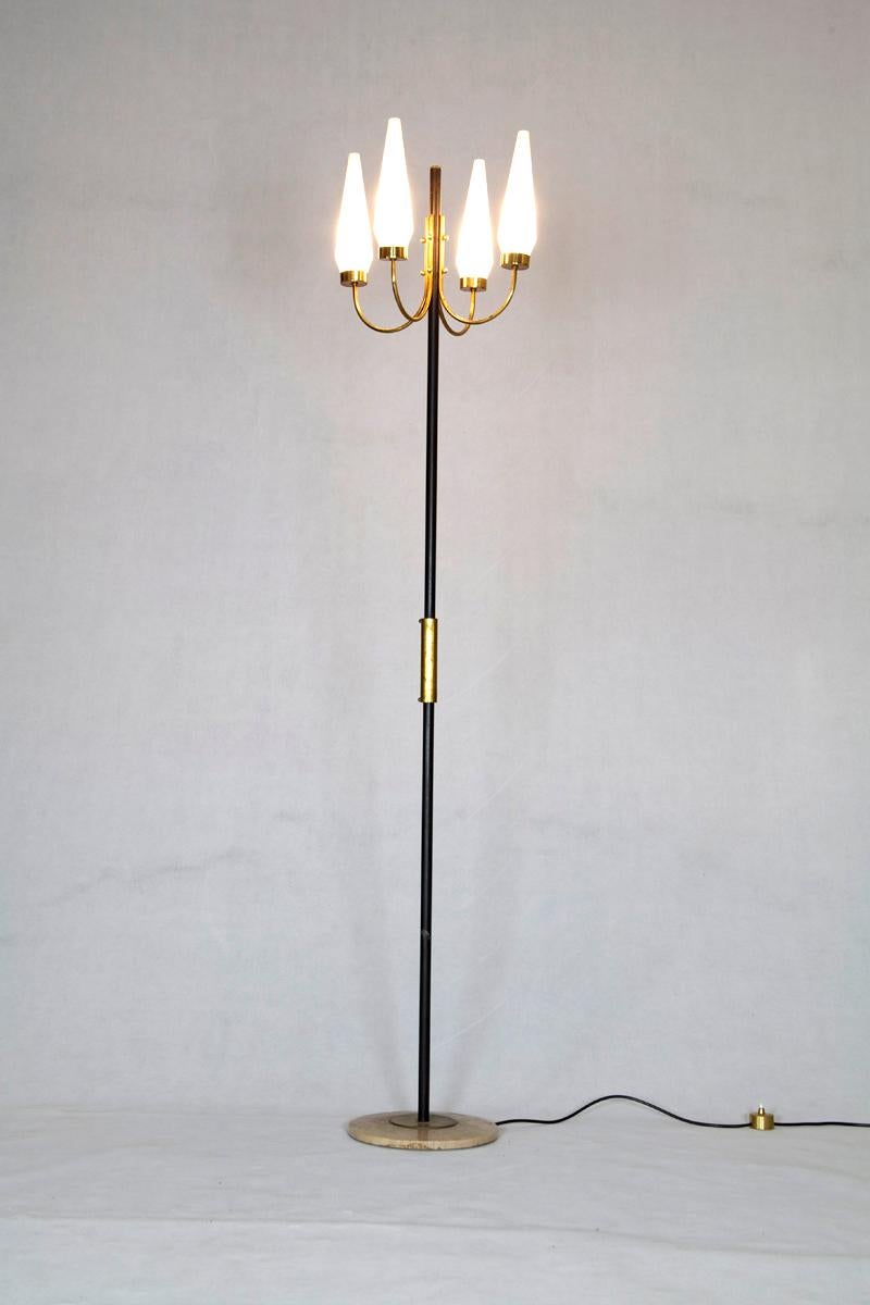 Lacquered Italian Floor Lamp with Opaline Glass Shades and Brass Fittings, 1950s For Sale
