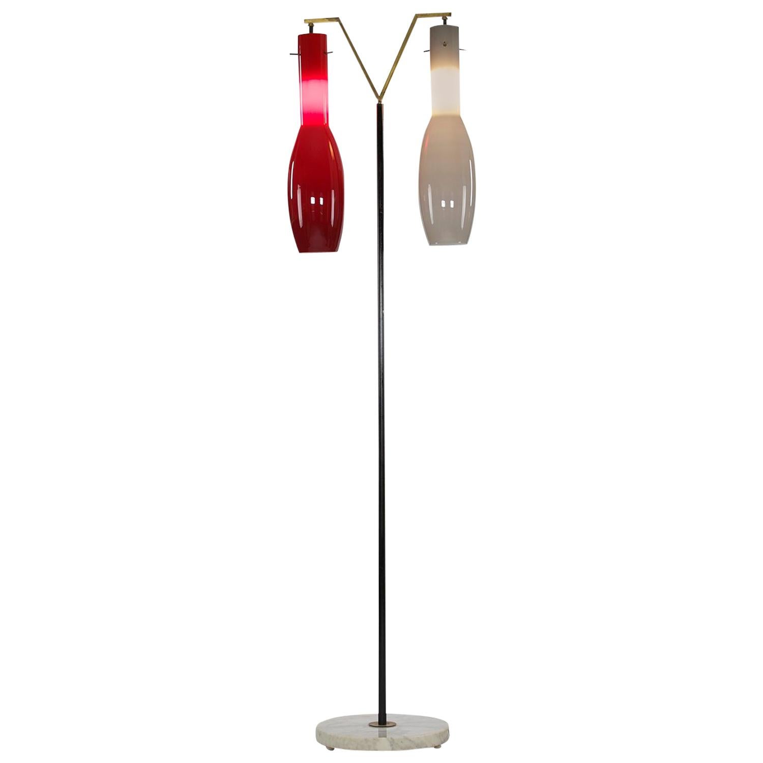 Italian Two-Tone Glass Shades Floor Lamp with Lacquered Iron Bar, 1950s