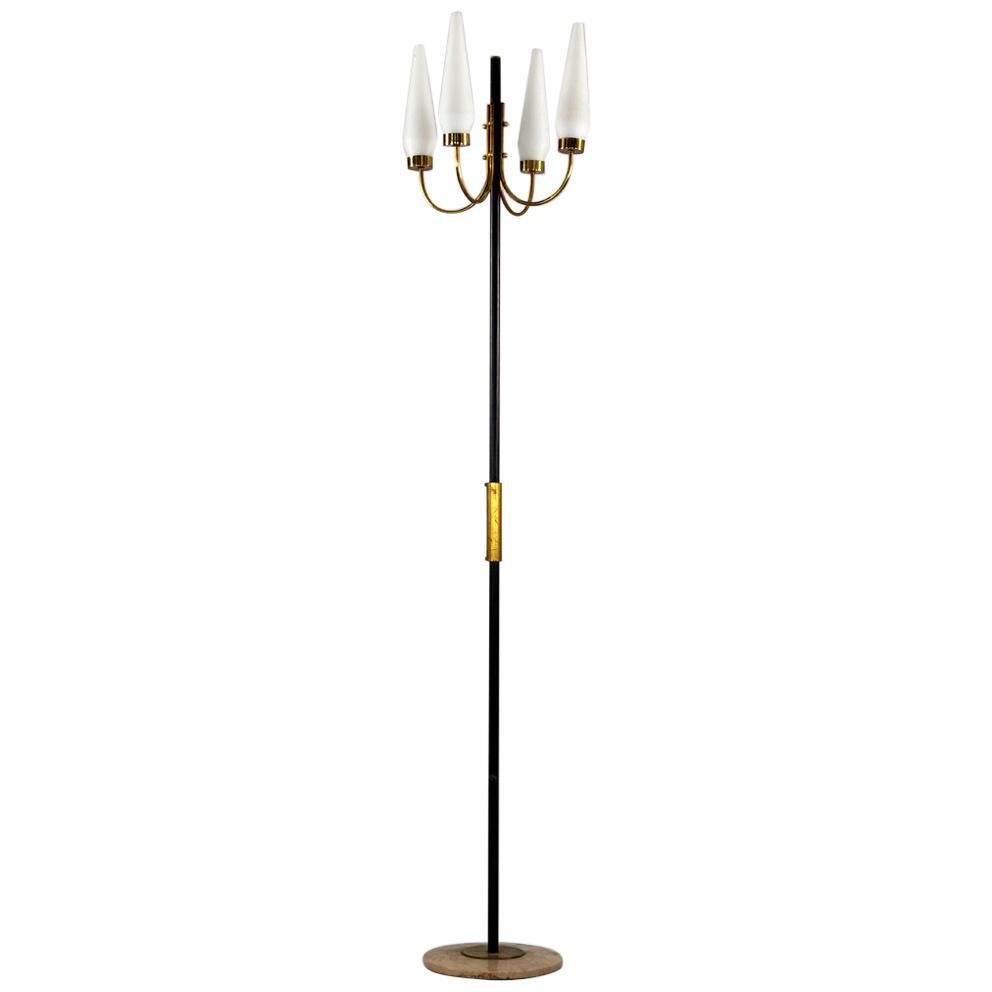 Italian Floor Lamp with Opaline Glass Shades and Brass Fittings, 1950s For Sale