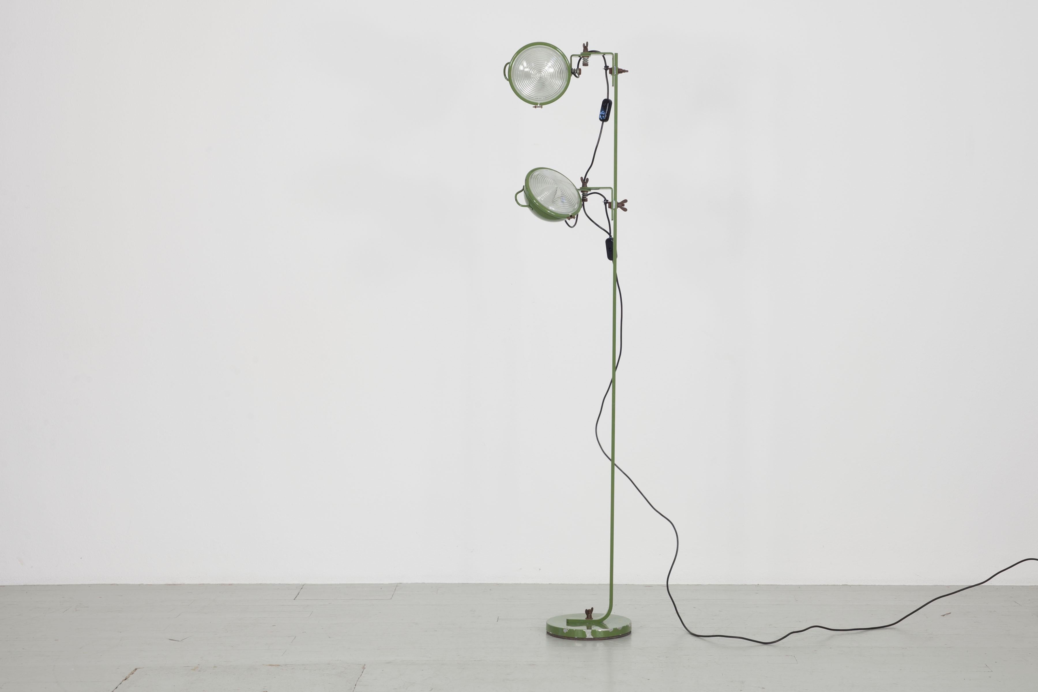Green painted metal Floorlamp with two adjustable reflectors made of molded glass. - Model 