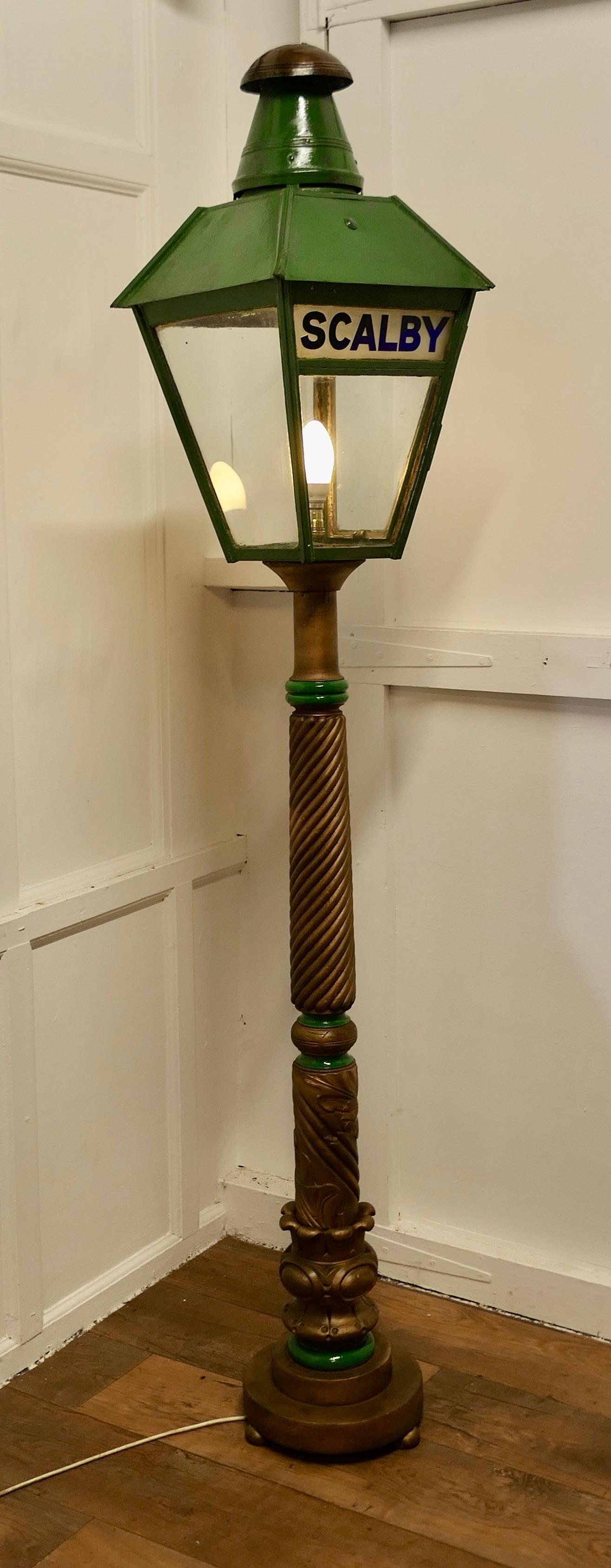 Iron Floor Lamp Lantern from Scalby Station N.E.R. set on a Column    For Sale