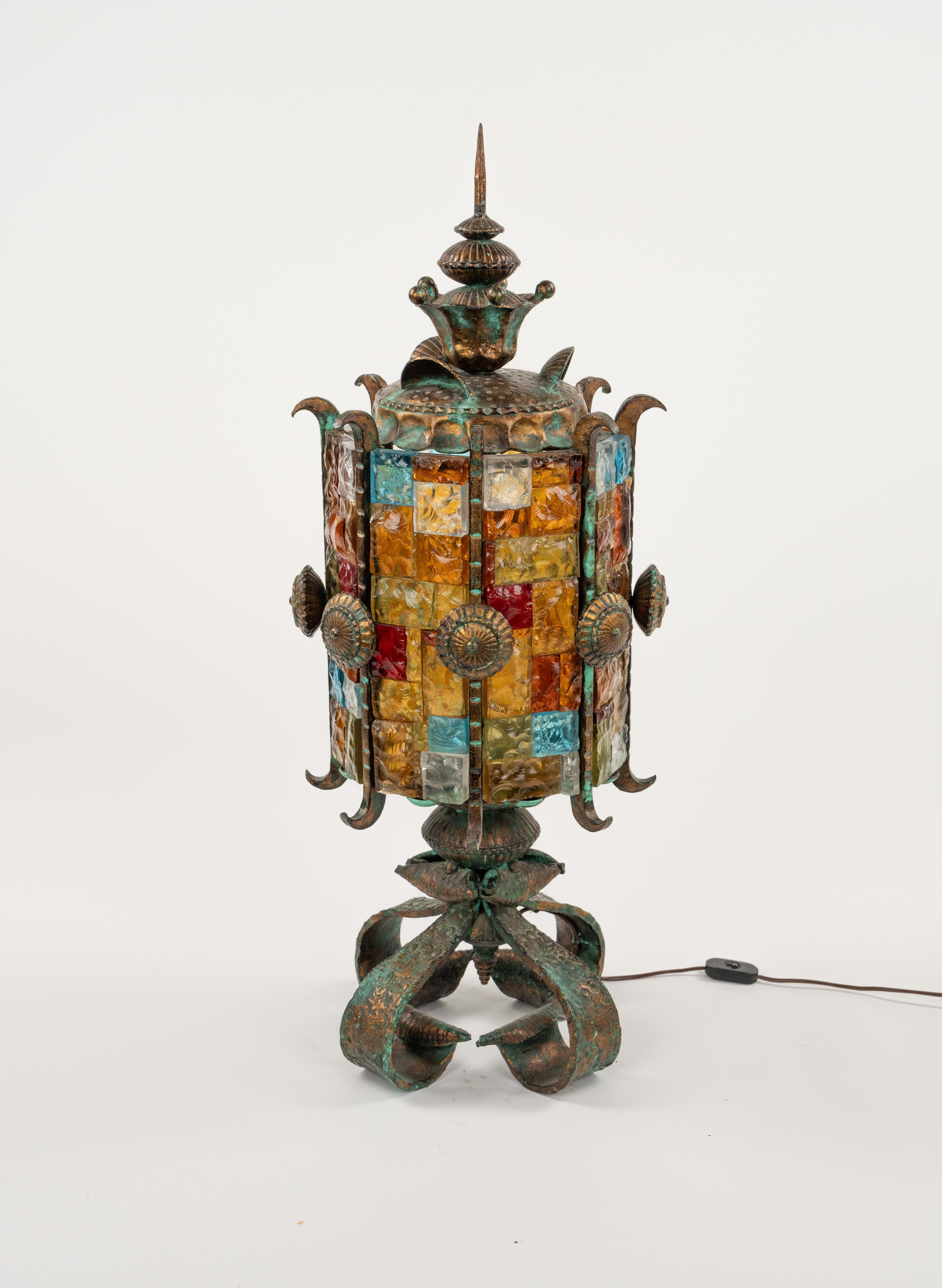 Floor Lamp Lantern Wrought Iron and Hammered Glass by Longobard, Italy, 1970s For Sale 6