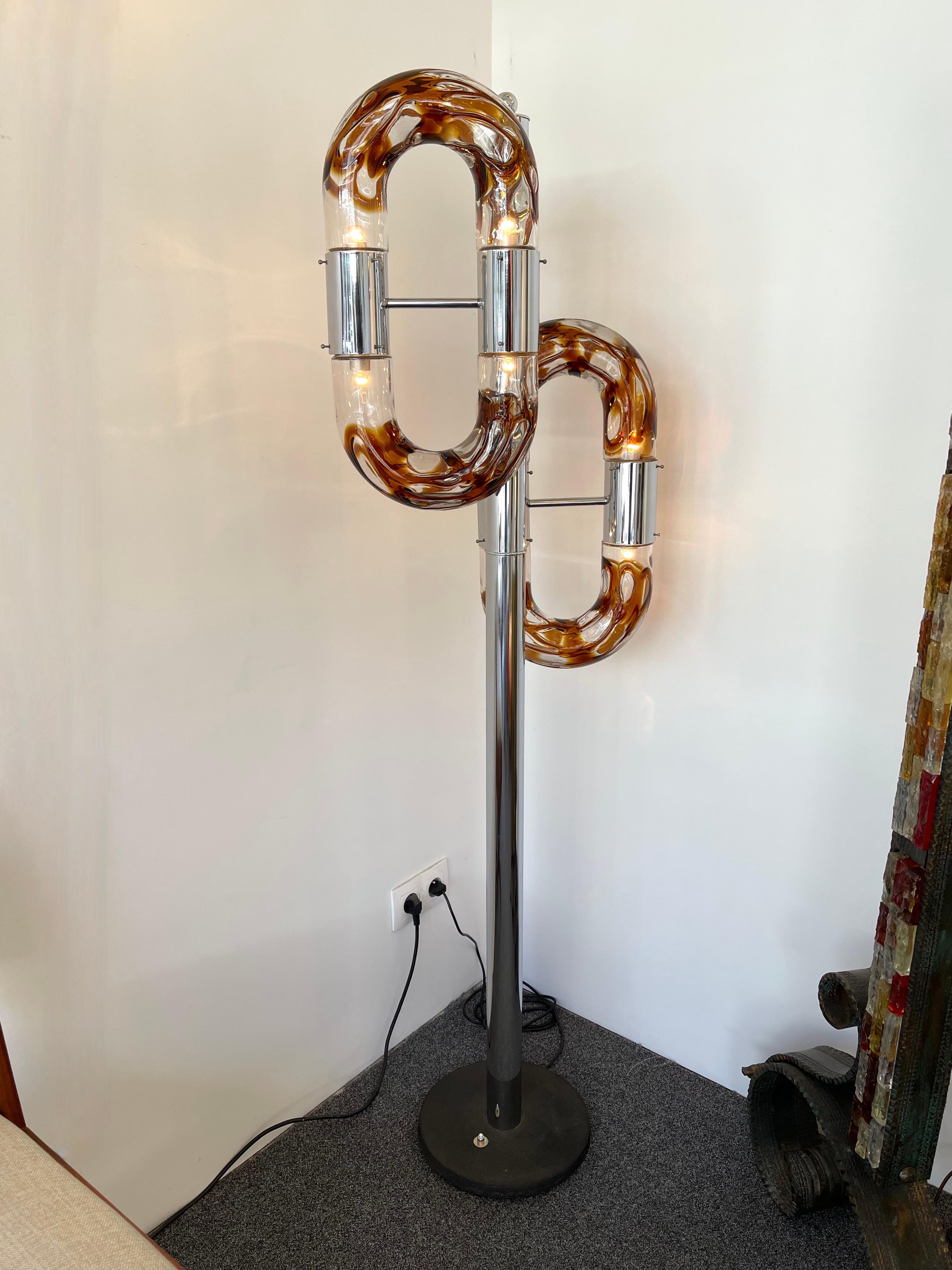 Space Age Floor Lamp Metal Chrome Murano Glass by Aldo Nason for Mazzega, Italy, 1970s For Sale