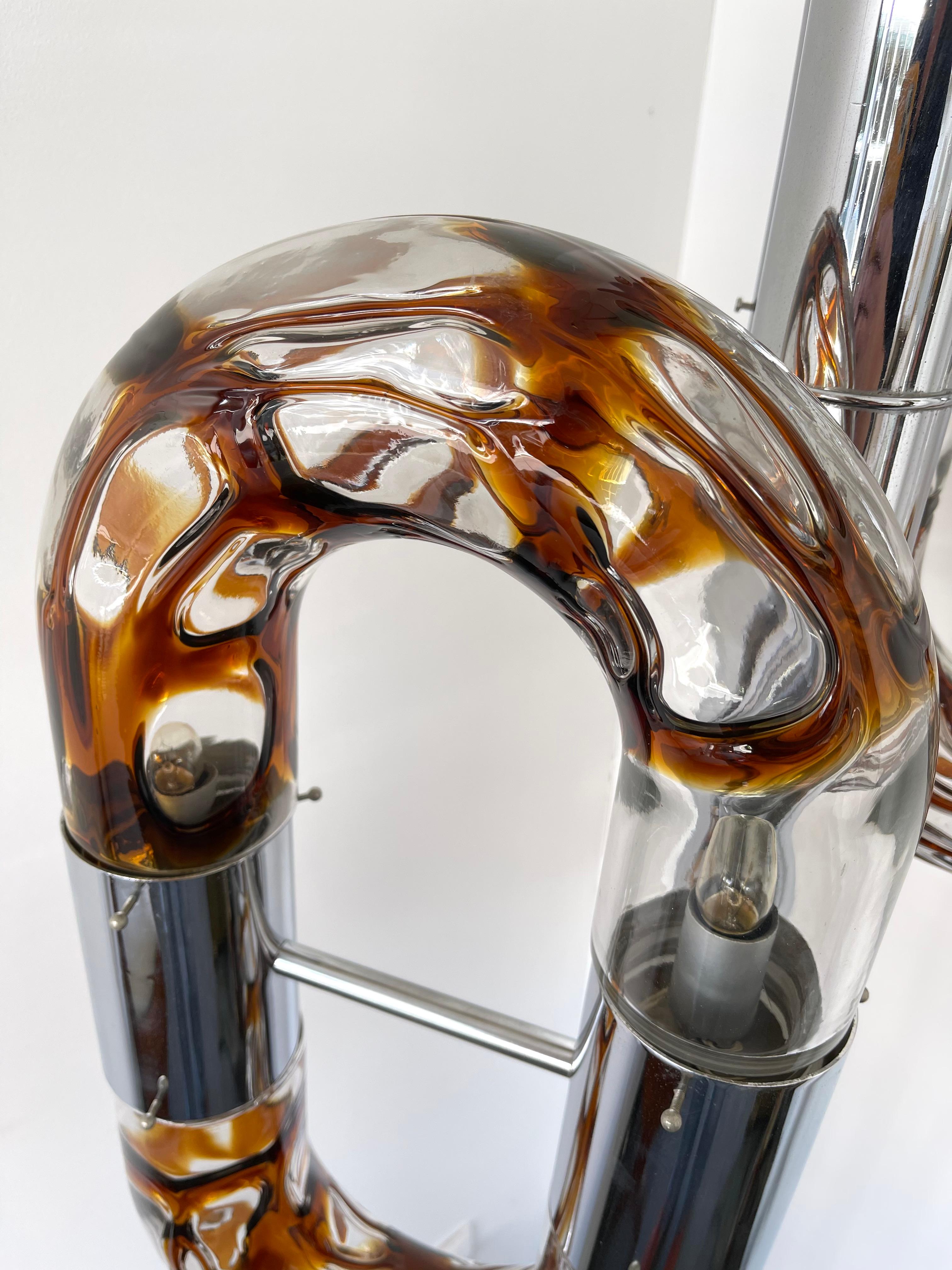 Brass Floor Lamp Metal Chrome Murano Glass by Aldo Nason for Mazzega, Italy, 1970s For Sale
