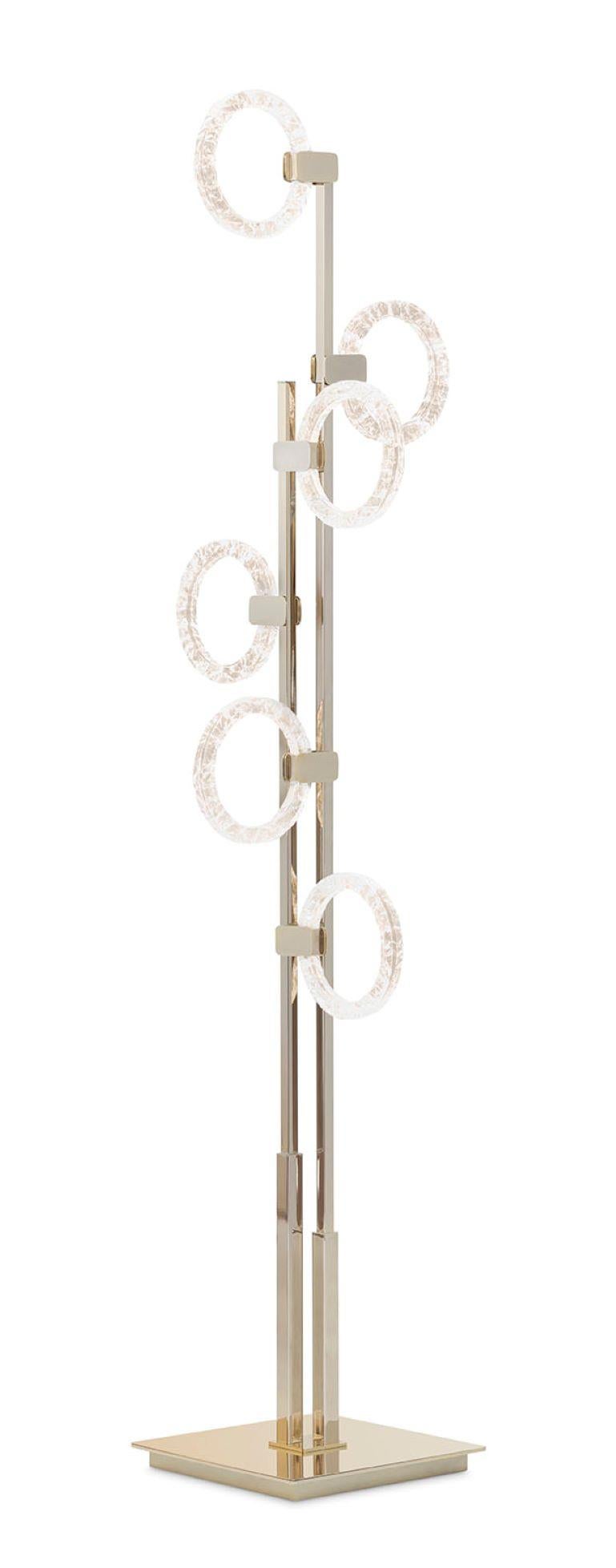Modern Floor Lamp Metal Structur Polished Champagne Finish Decorative Methacrylate Ring For Sale