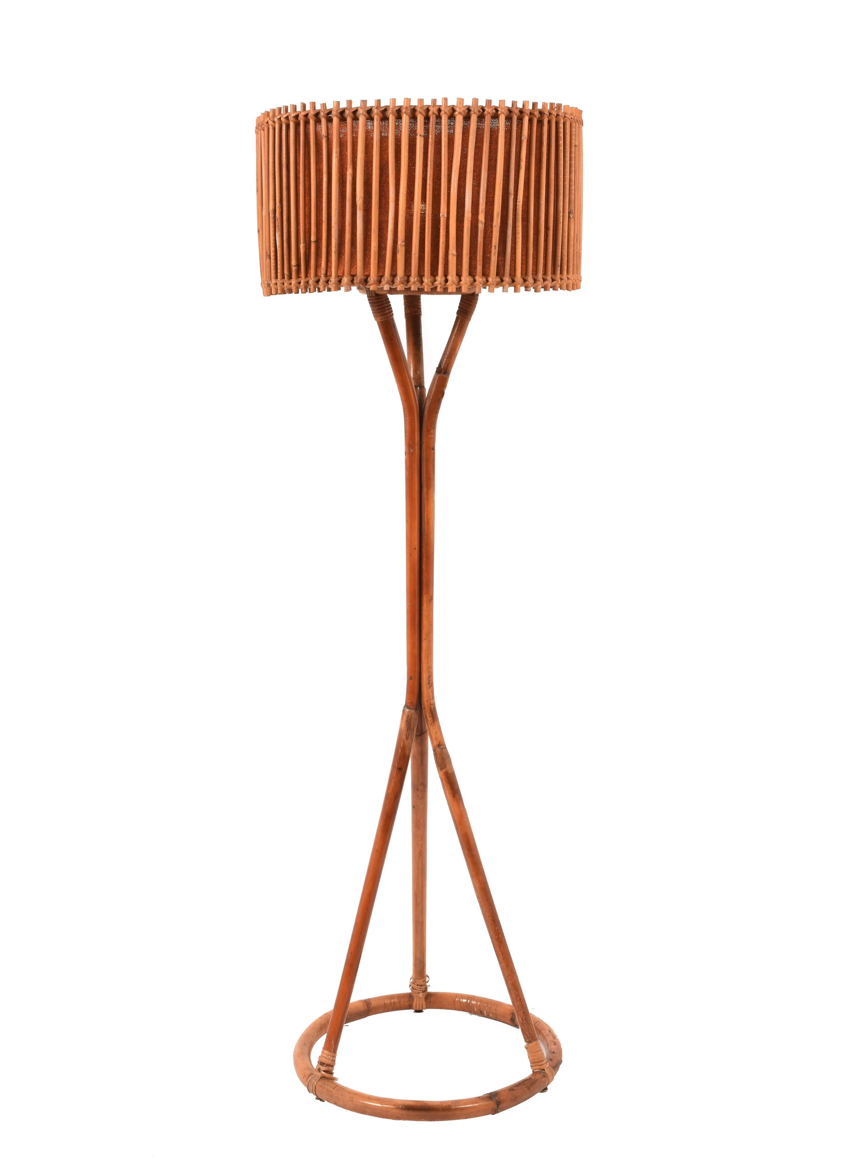 Italian Floor Lamp, Midcentury Franco Albini Style Bamboo and Rattan, Italy, 1960s