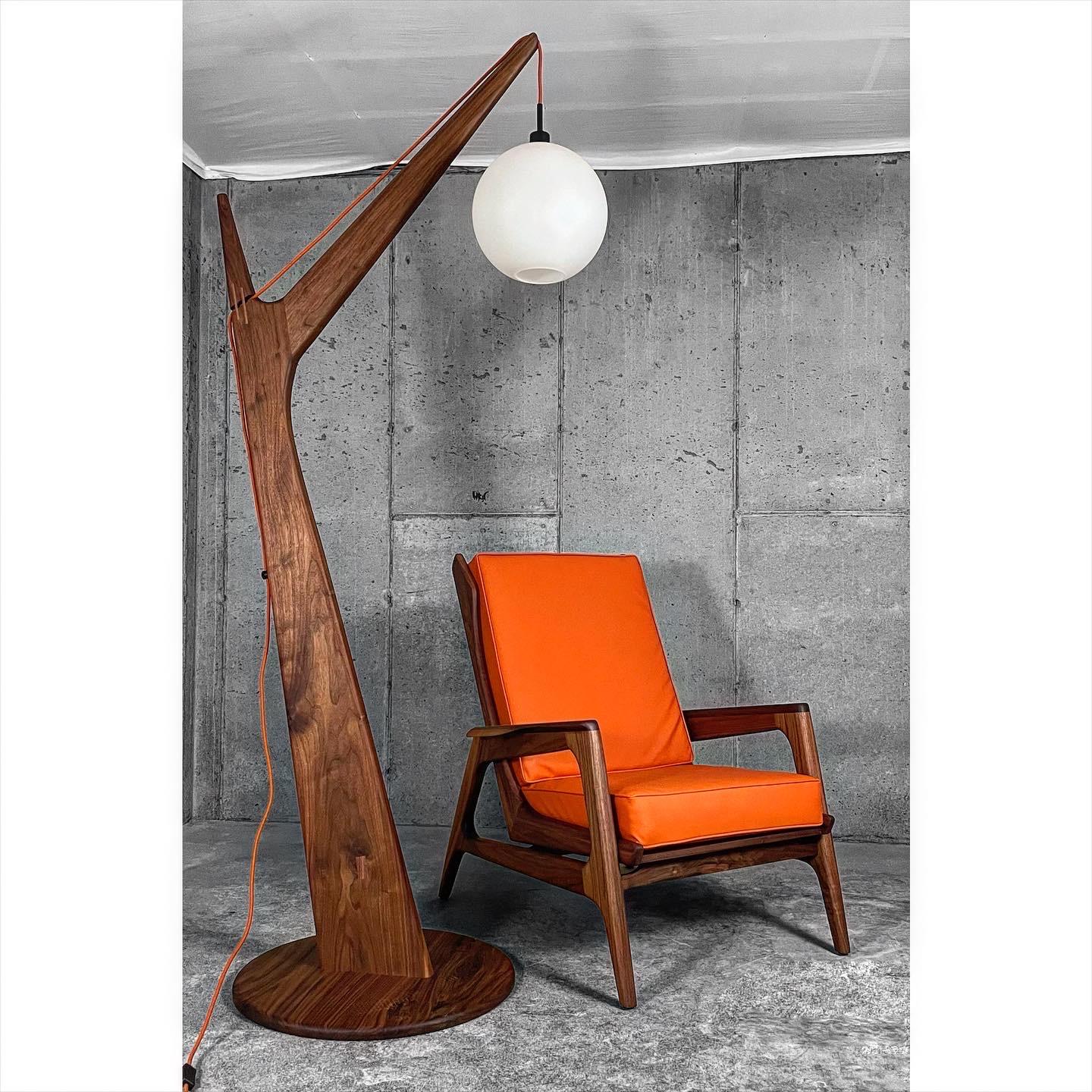 Floor Lamp No.1 was designed to simply hold a lamp cord and pendant light made by Color Cord Company. Each lamp has its own unique grain pattern and may contain bow ties on cracks or patched knots. Every piece of lumber is picked intentionally to
