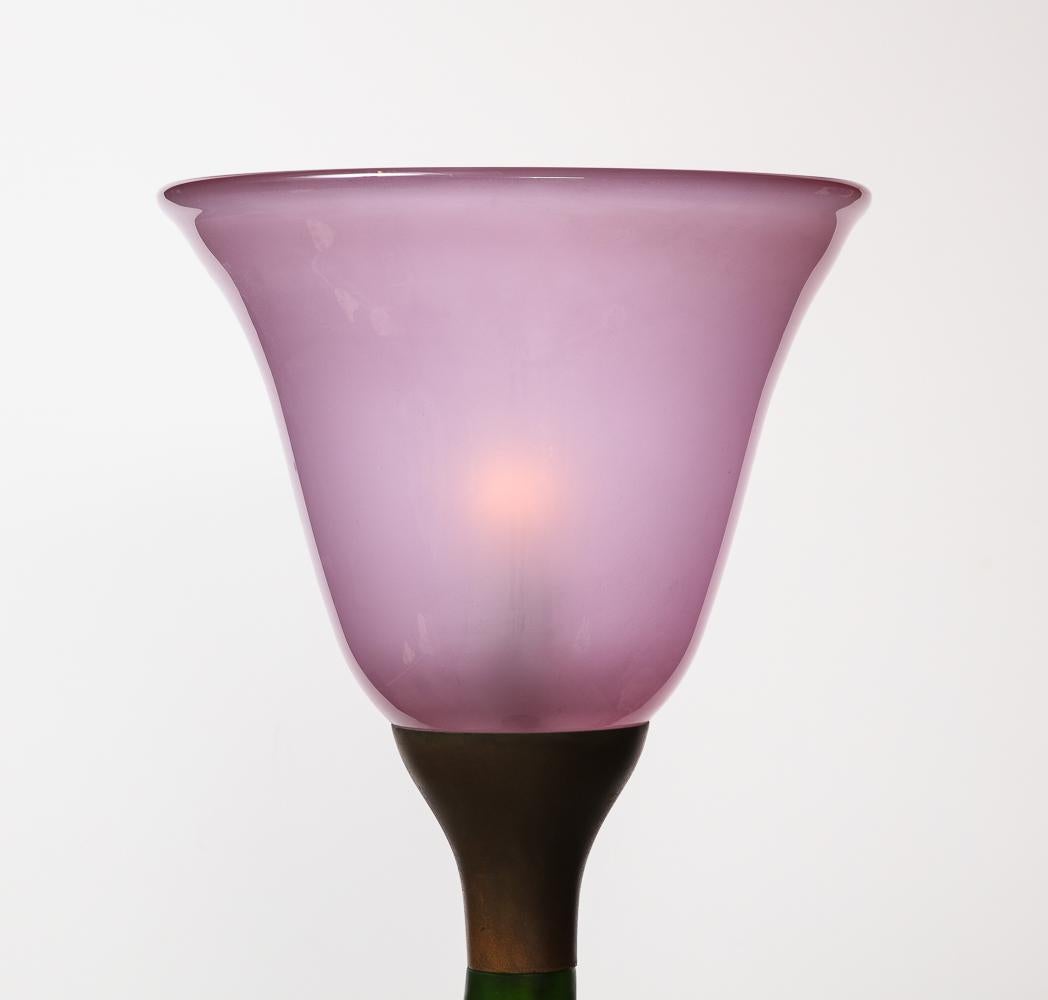Colored pate de verre glass , bronze. Figural flower form floor lamp from the Possi collection. 1 x E26 socket. Signed on base.