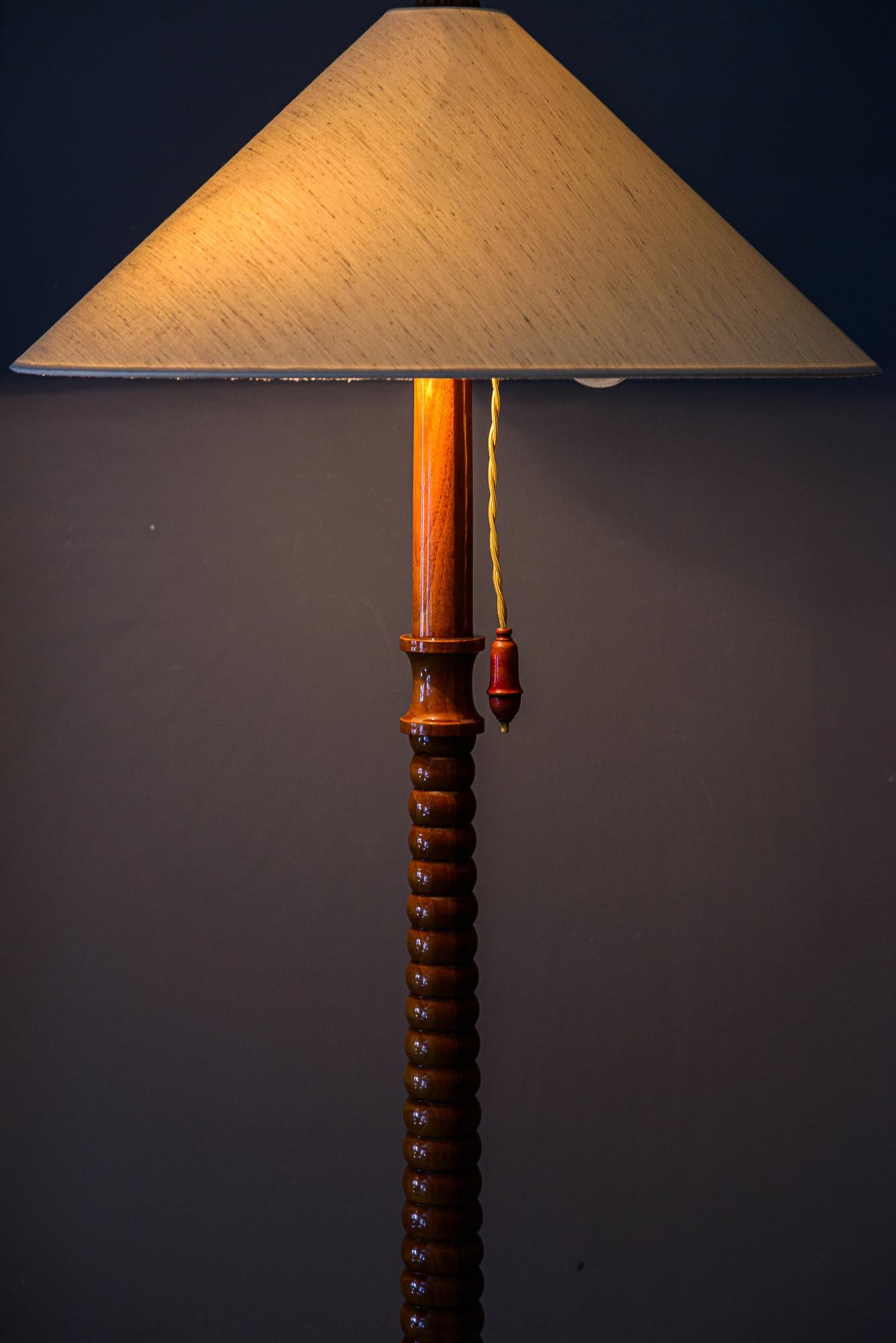 Floor lamp nut wood with fabric shade vienna around 1950s For Sale 8
