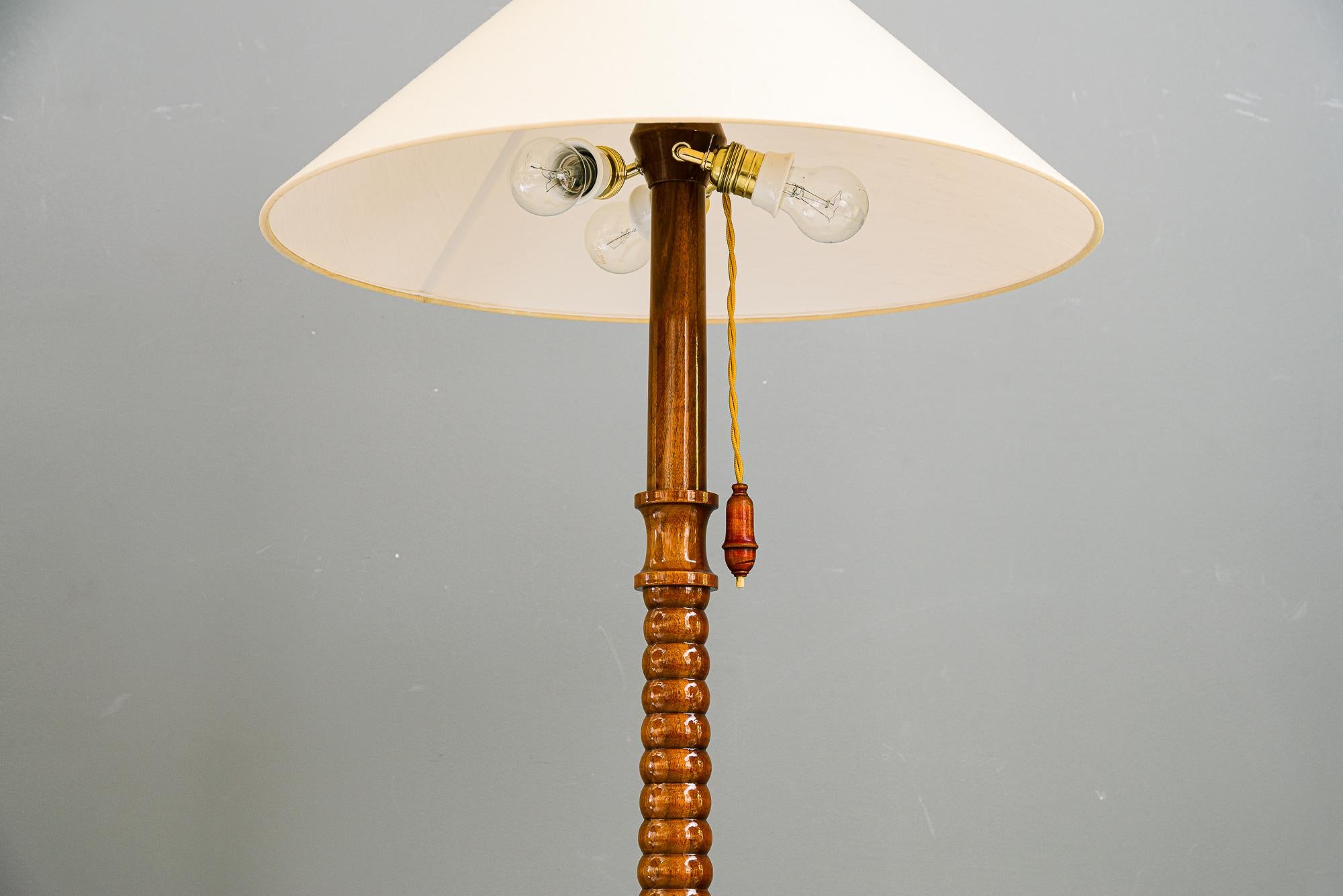 Austrian Floor lamp nut wood with fabric shade vienna around 1950s For Sale
