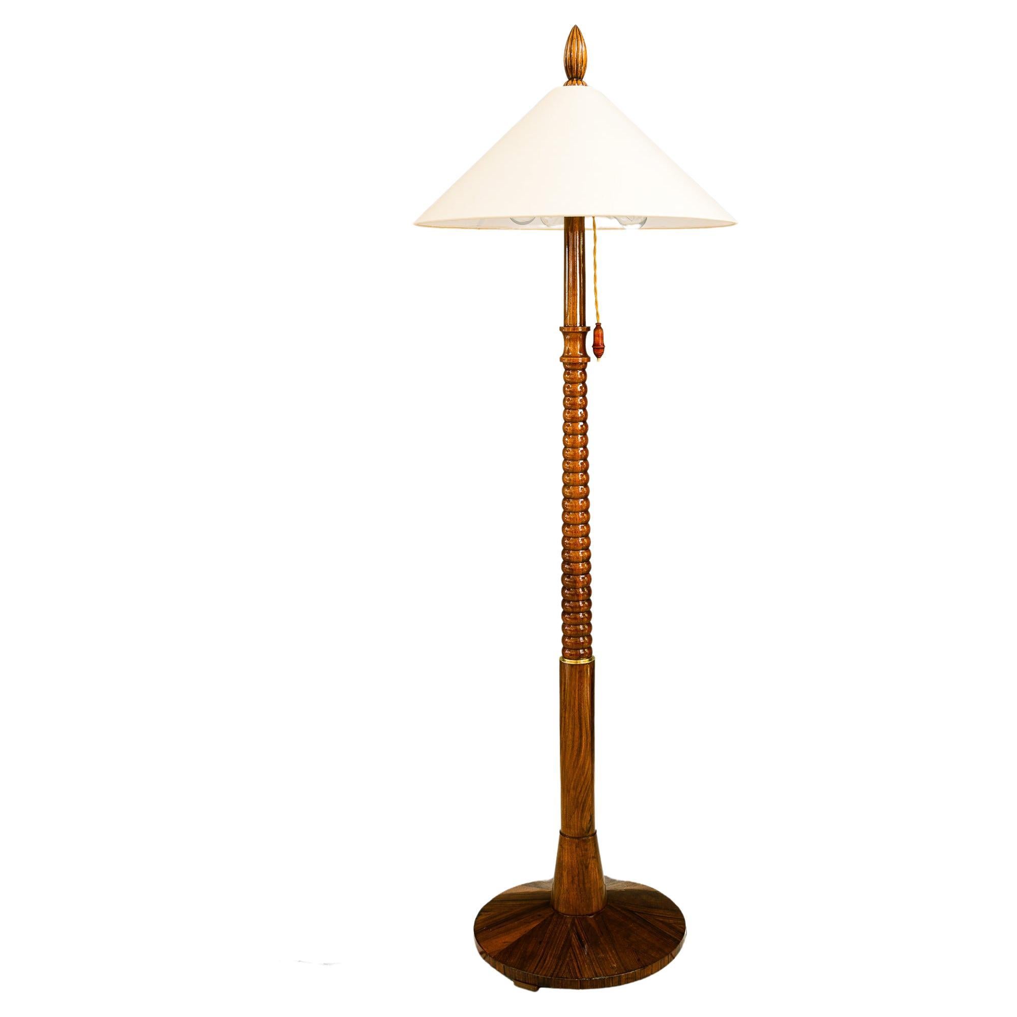 Floor lamp nut wood with fabric shade vienna around 1950s For Sale