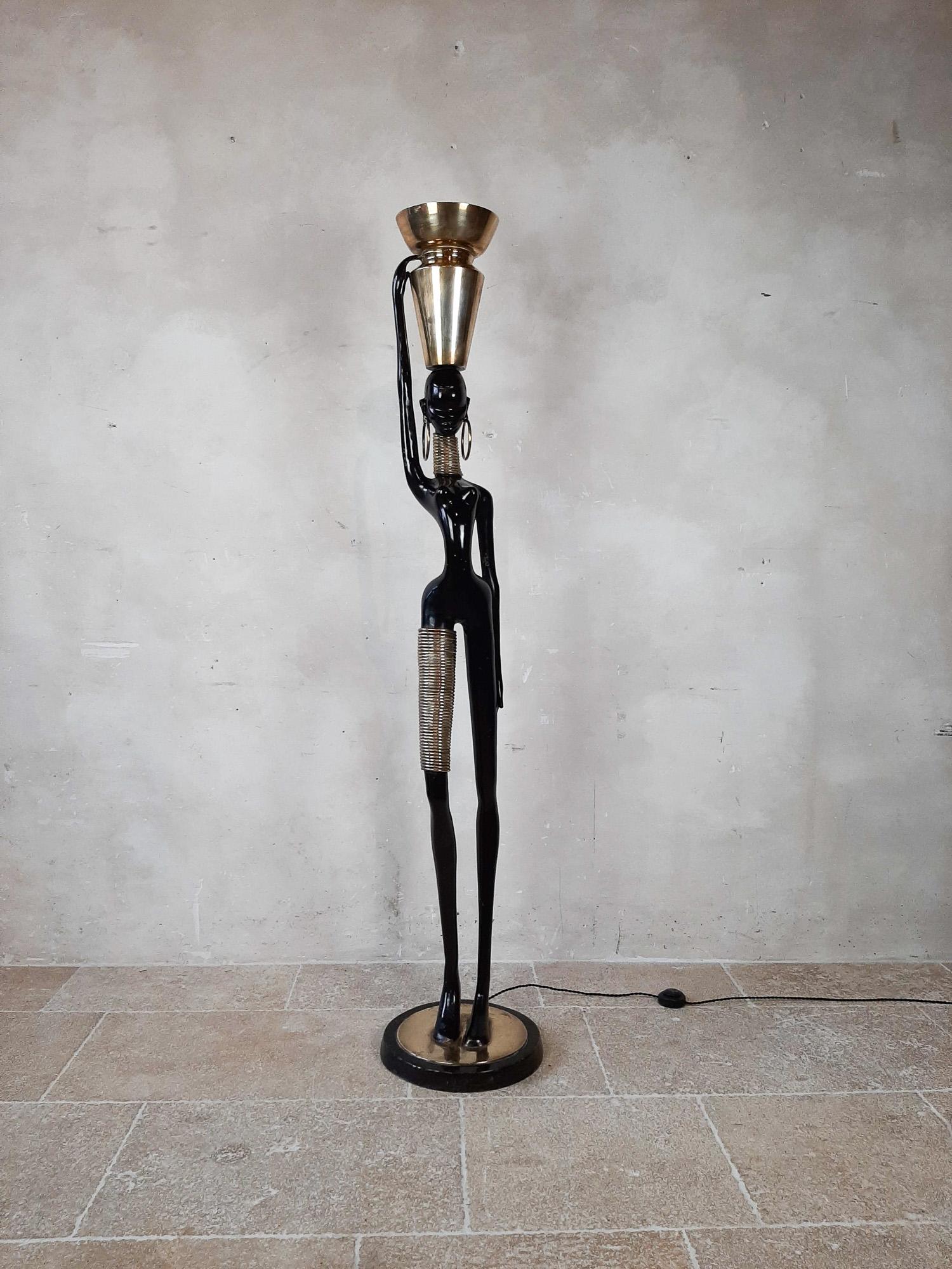Brass Floor Lamp of a Beautiful African Woman with Urn, by Hagenauer, 1970s For Sale