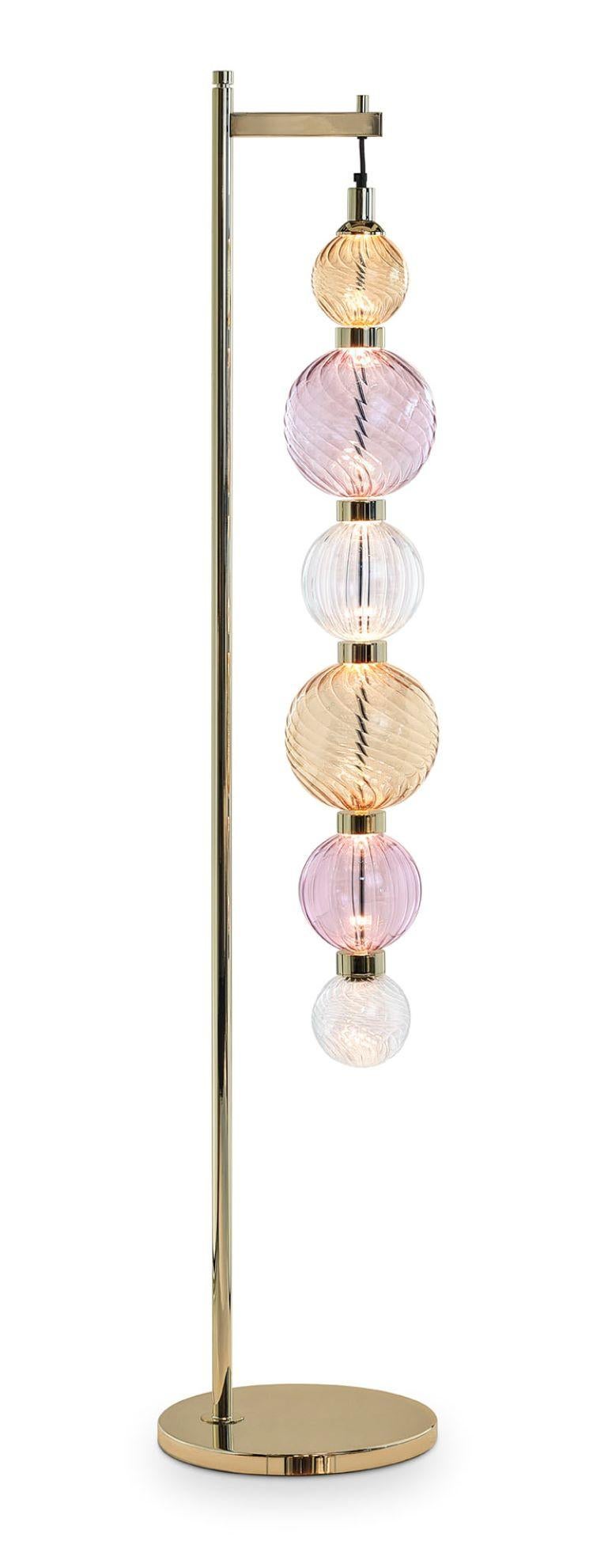 Modern Floor Lamp Polished Champagne or Chrome Finish Murano Glass Spheres Customizable For Sale