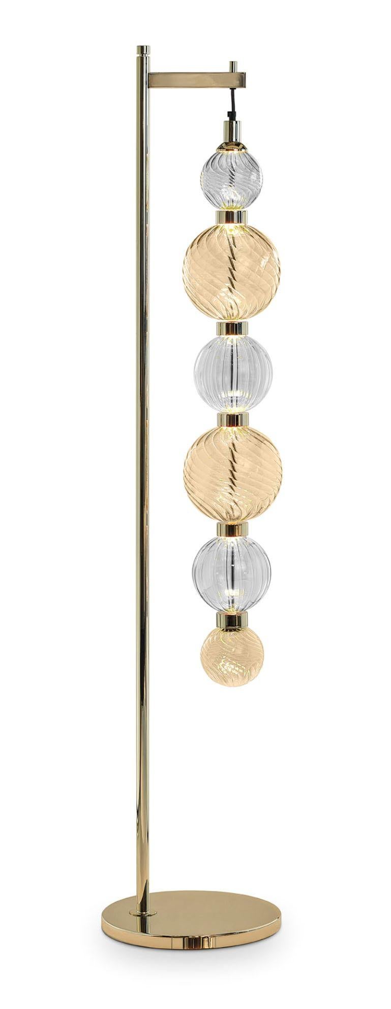 Italian Floor Lamp Polished Champagne or Chrome Finish Murano Glass Spheres Customizable For Sale