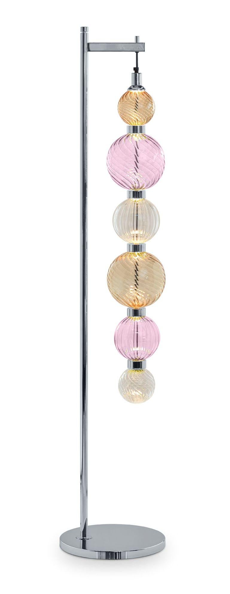 Contemporary Floor Lamp Polished Champagne or Chrome Finish Murano Glass Spheres Customizable For Sale