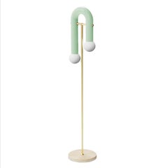 Contemporary Art Deco inspired Floor Lamp Pyppe in Brass, Salmon and Travertine
