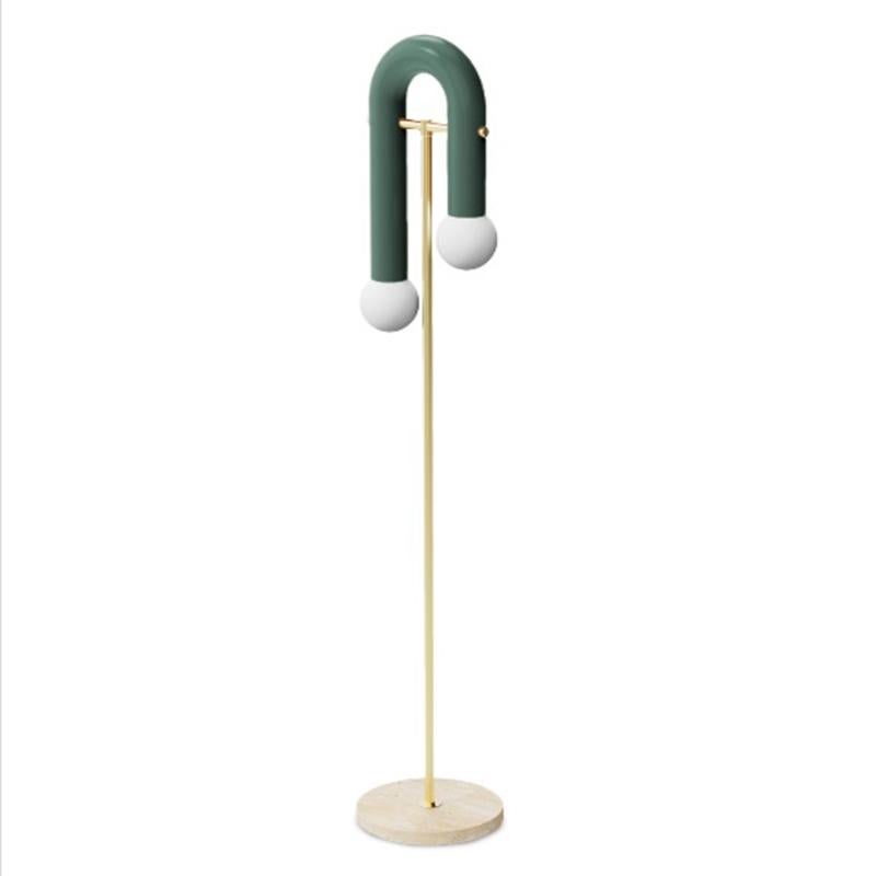 Portuguese Contemporary Art Deco inspired Floor Lamp Pyppe in Brass, Salmon and Travertine For Sale