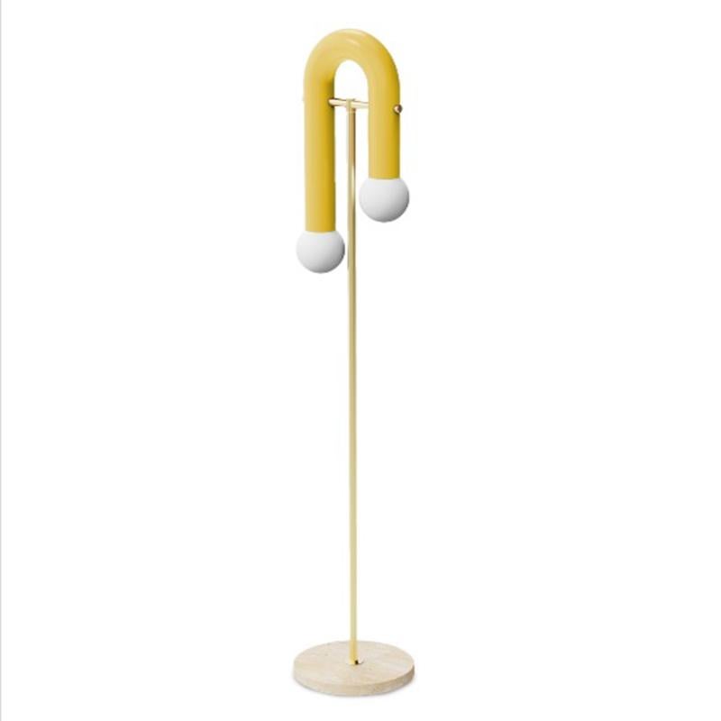 Contemporary Art Deco inspired Floor Lamp Pyppe in Brass, Salmon and Travertine For Sale 2