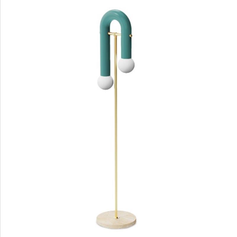 Contemporary Art Deco inspired Floor Lamp Pyppe in Brass, Salmon and Travertine For Sale 3