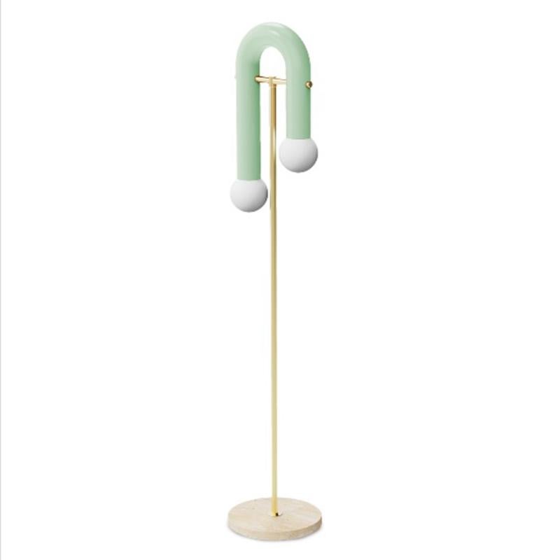 Contemporary Art Deco inspired Floor Lamp Pyppe in Brass, Salmon and Travertine For Sale 4