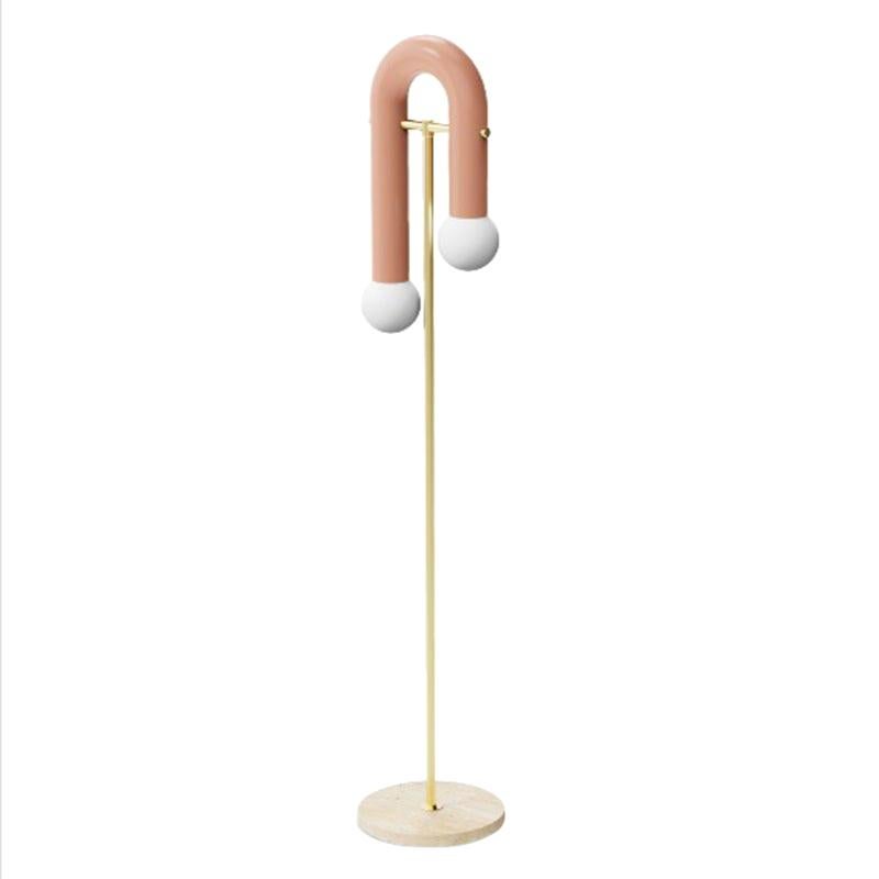 Contemporary Art Deco inspired Floor Lamp Pyppe in Brass, Salmon and Travertine For Sale