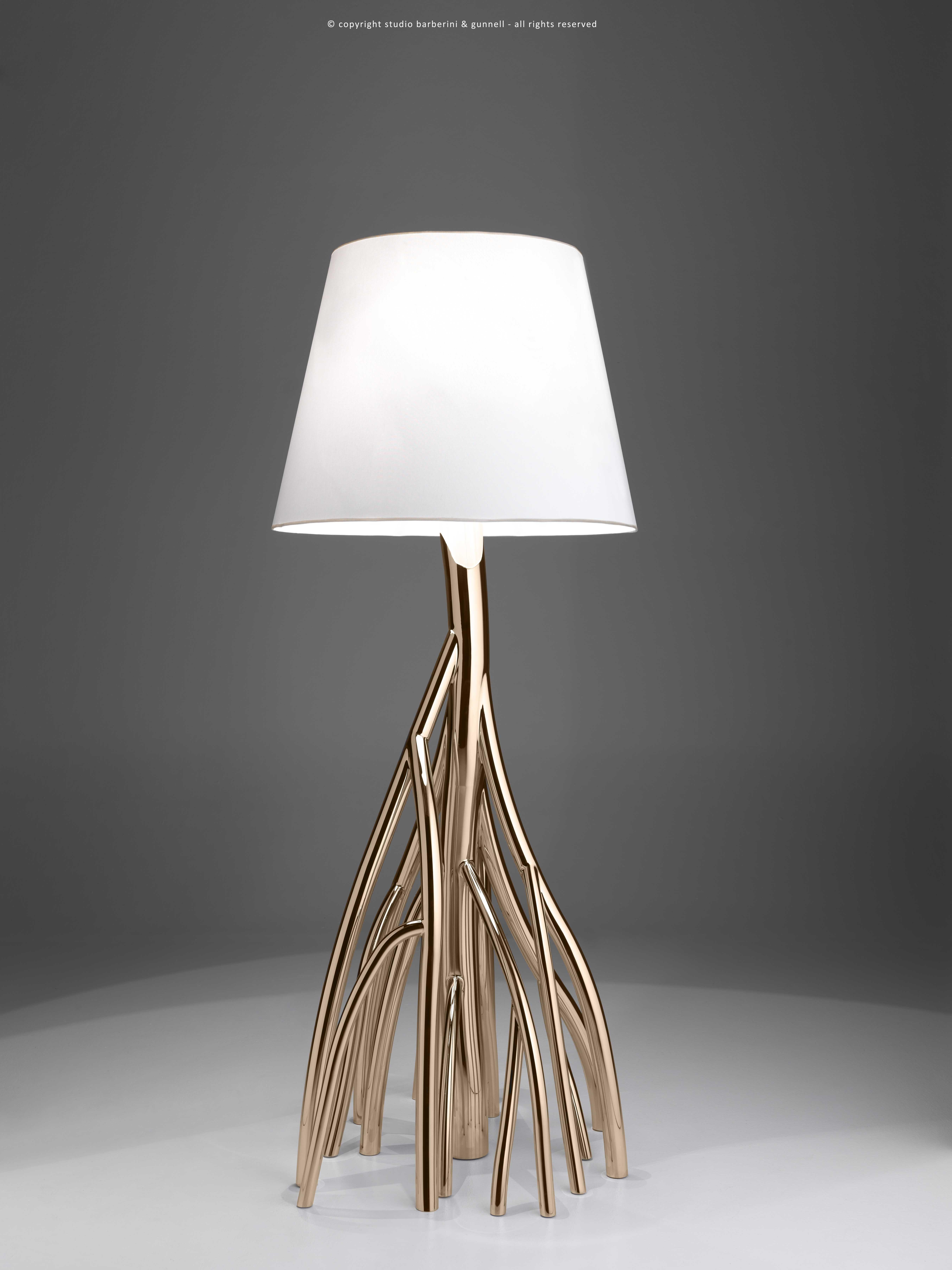 Modern Floor Lamp Sculpture Gold Mirror Steel White Linen Lampshade Collectible Design For Sale