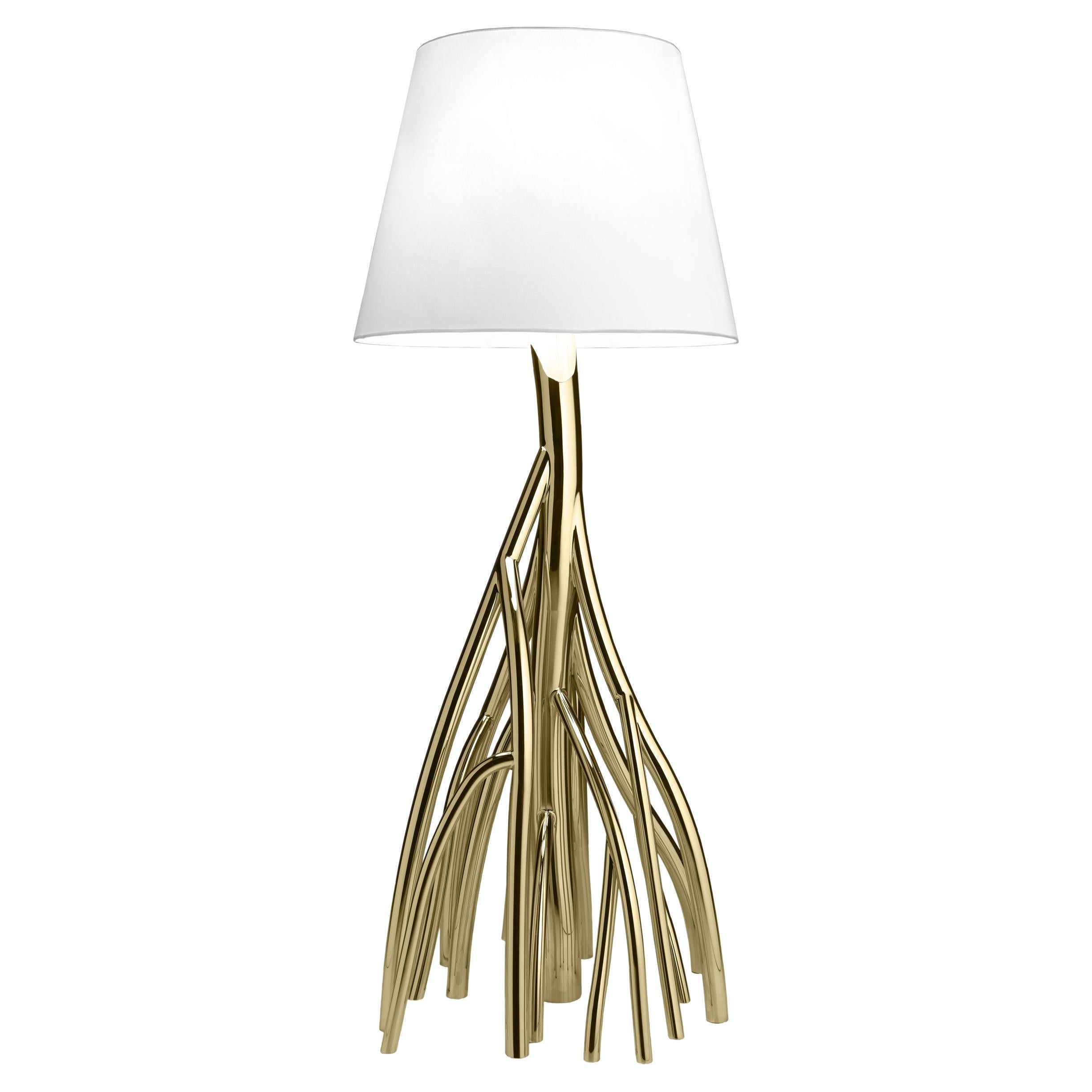 Floor Lamp Sculpture Gold Mirror Steel White Linen Lampshade Collectible Design