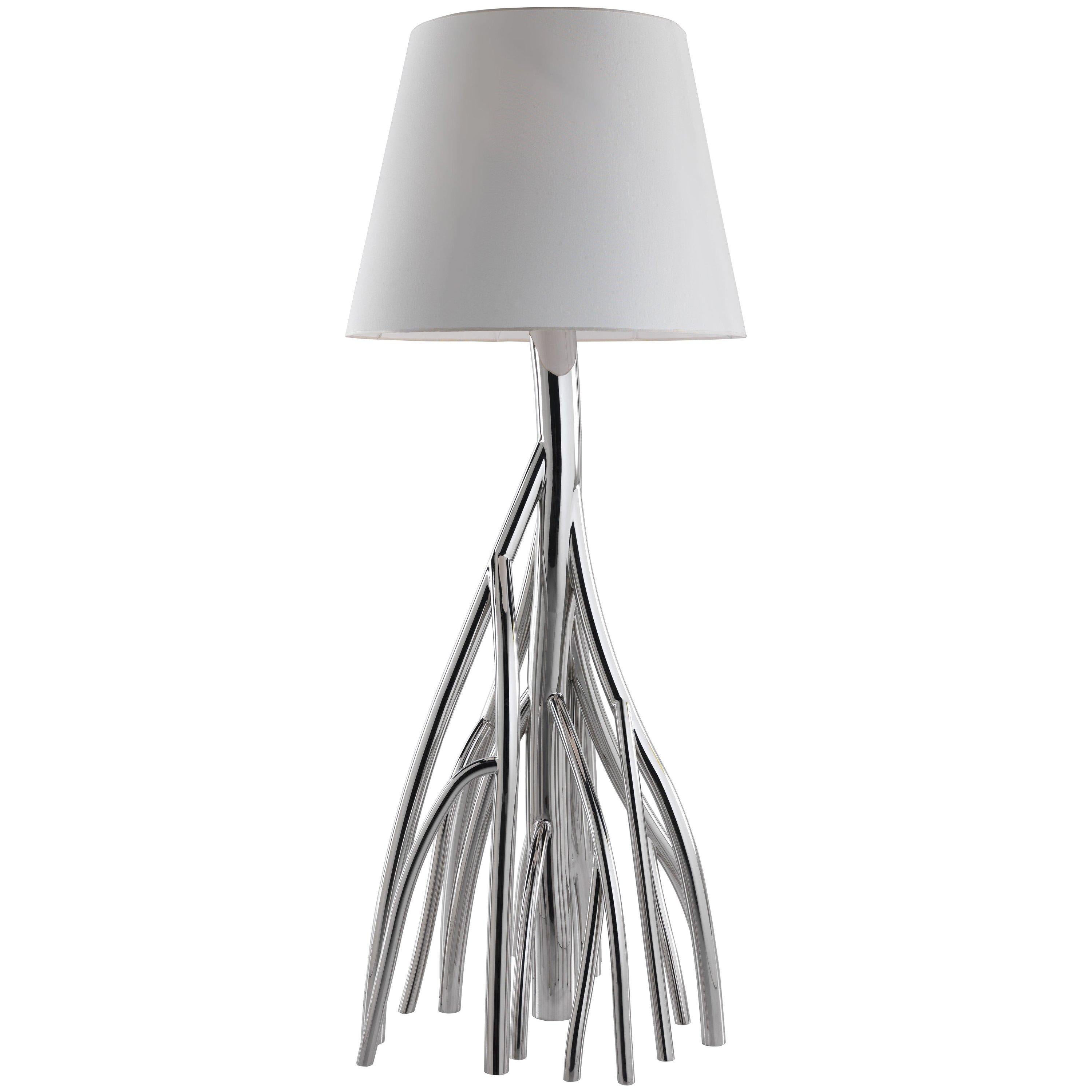 Stehlampe Skulptur Spiegel Stahl Weiß Leinen Lampenschirm Collectible Design Italien