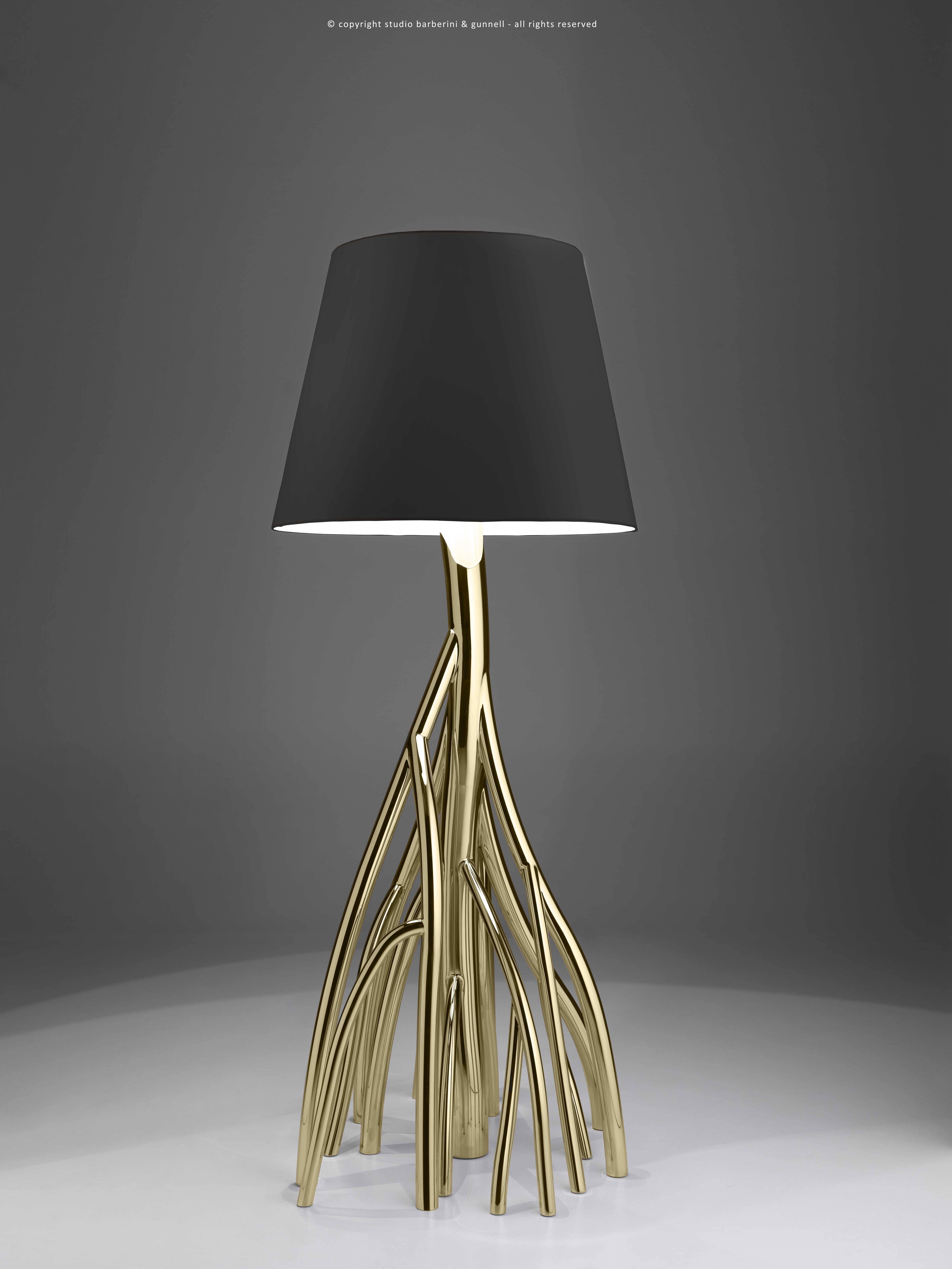Italian Floor Lamp Sculpture Gold Mirror Steel Black Linen Lampshade Collectible Design For Sale